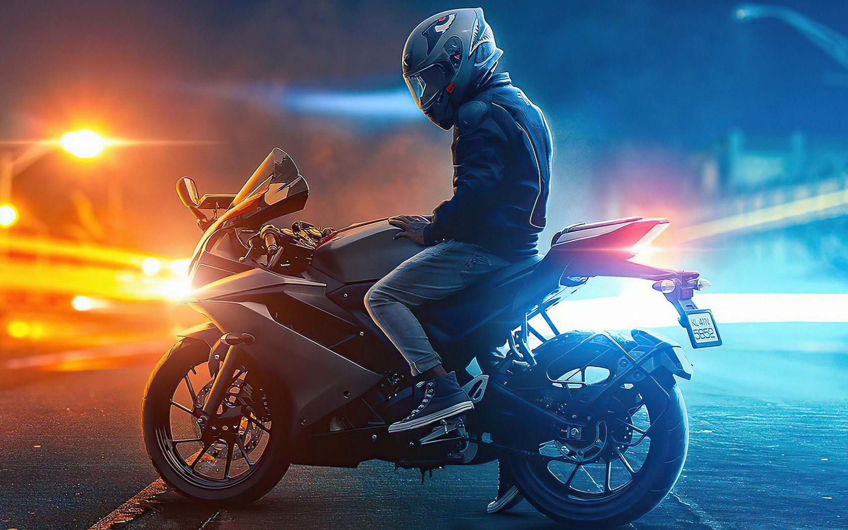 Biker On Road Lights 4k Wallpaper Resolution HD Image