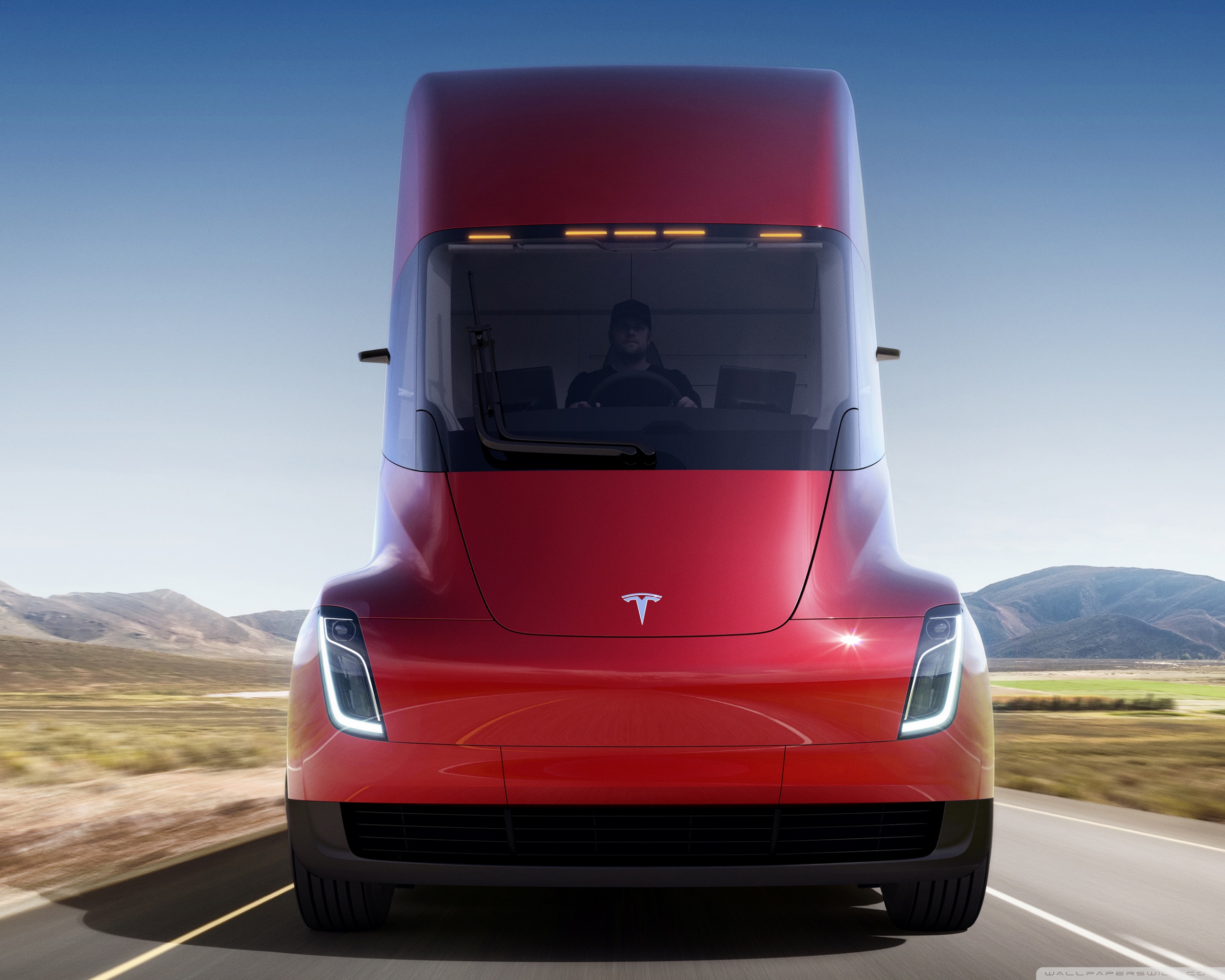 Red Tesla Semi Electric Truck Road 4K HD Desktop Wallpaper for