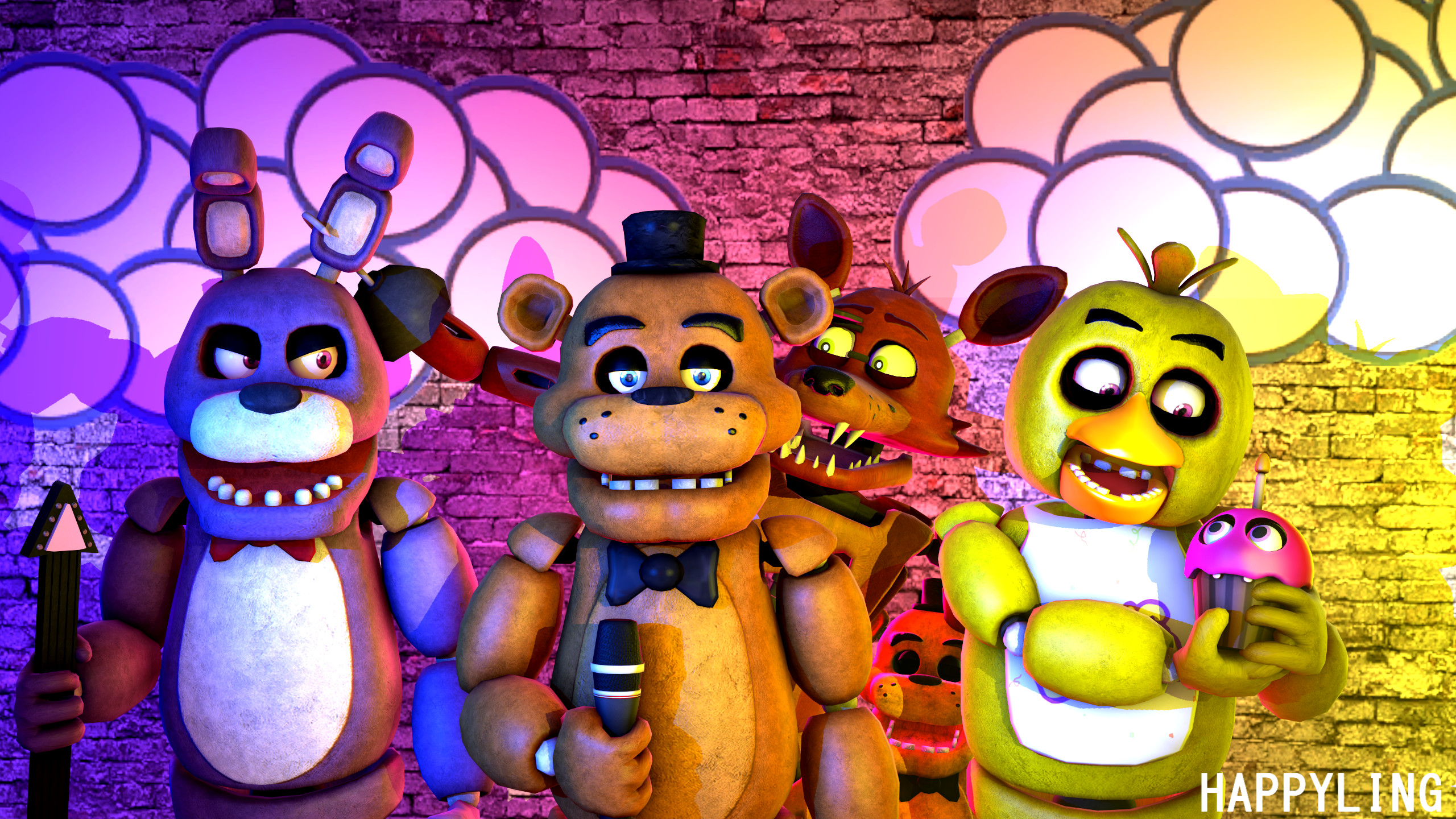 Five Nights at Freddy's animatronic characters posing against a brick wall backdrop
