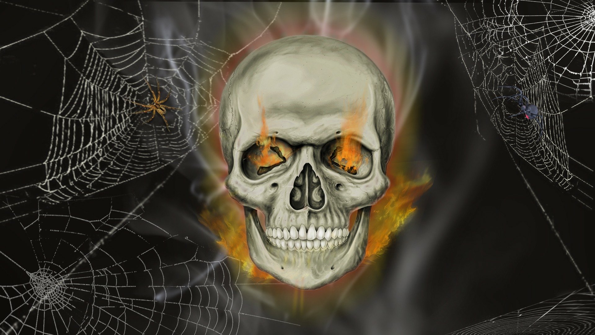 A flaming skull surrounded by spiderwebs, perfect for a spooky Halloween background or heavy metal album cover