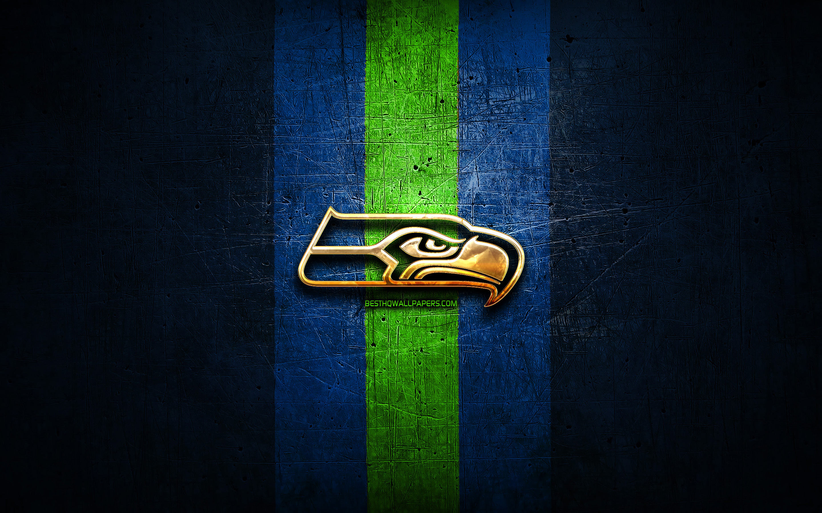 Download wallpapers Seattle Seahawks golden logo NFL blue metal