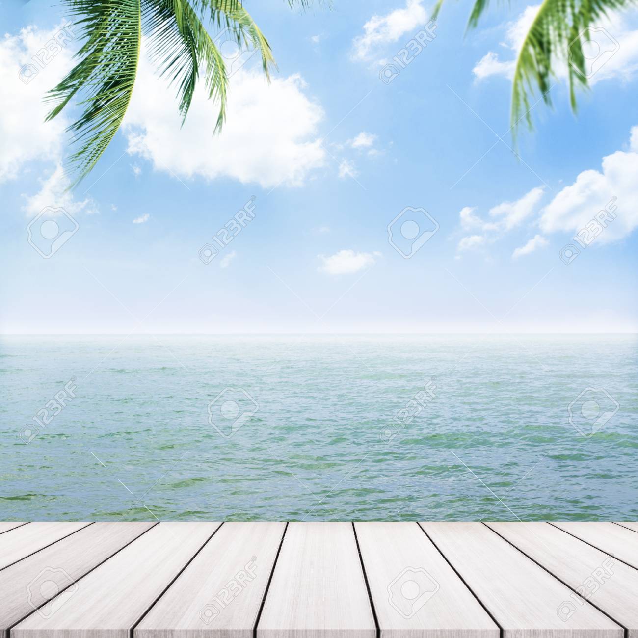 Wooden Table On Beach Background In Summer Time Empty Ready
