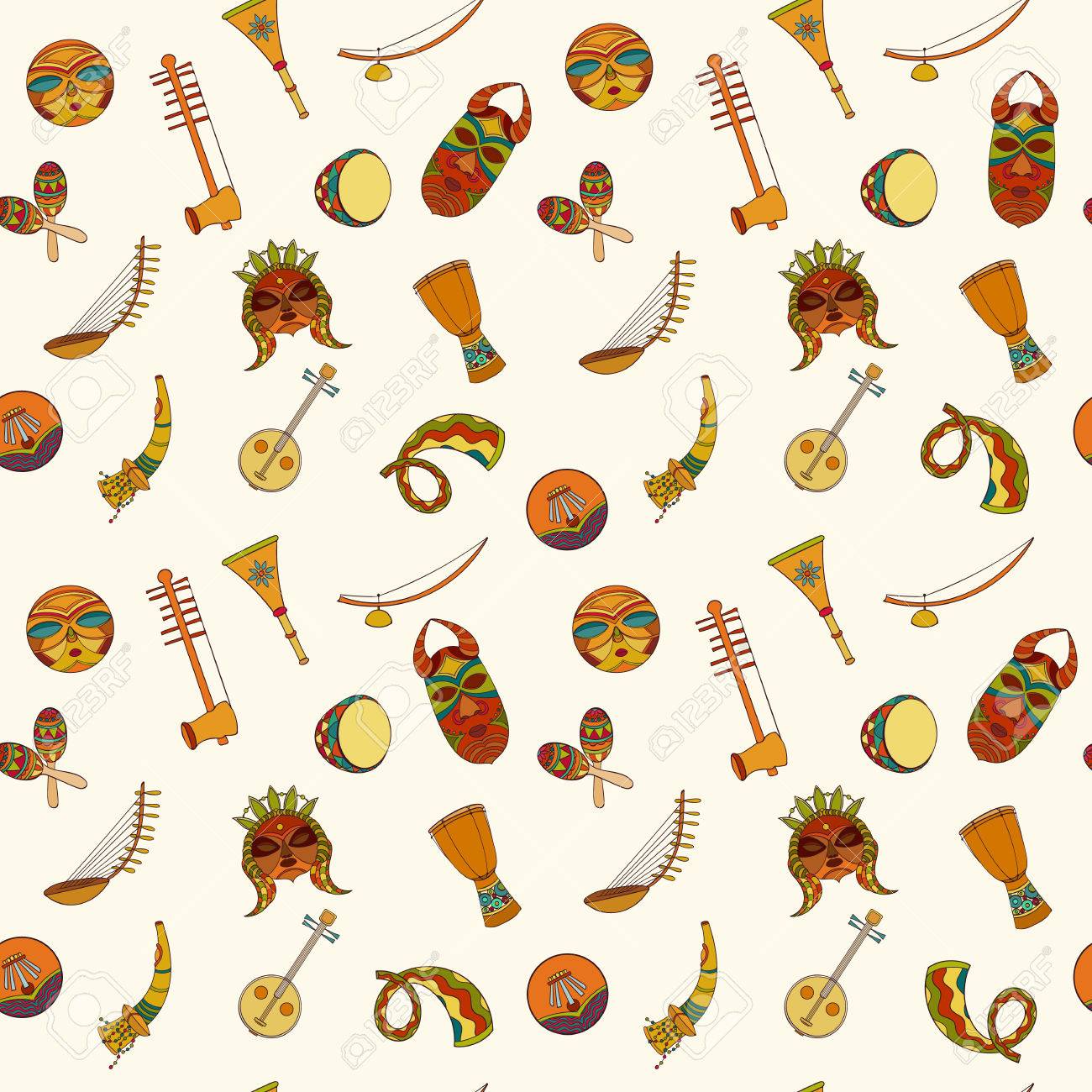Hand Drawn Seamless African Music Pattern Vector Illustration