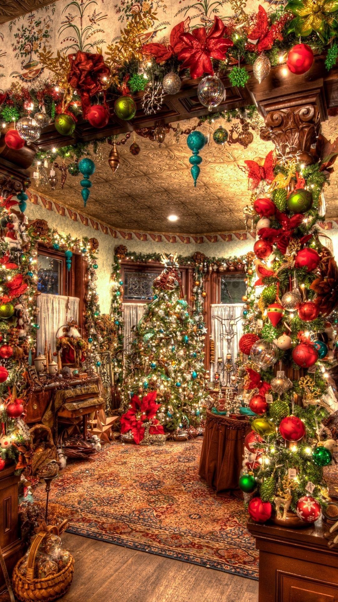 A festive, preppy Christmas room decorated with a large Christmas tree, ornaments, and lights