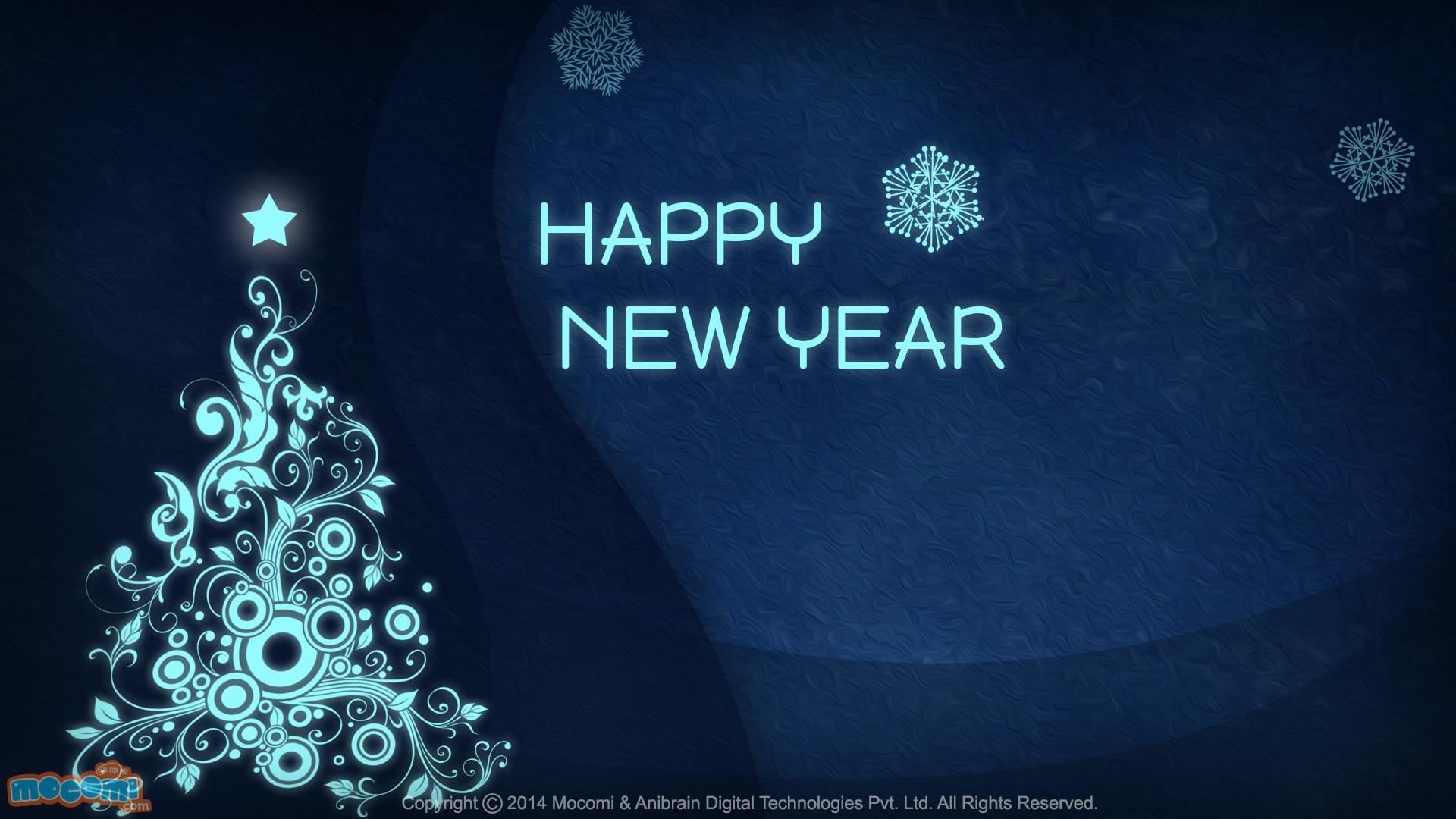 A stylish, dark blue Happy New Year desktop wallpaper with a light blue, abstract Christmas tree design and snowflakes