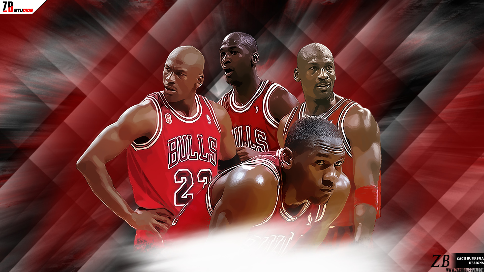 Michael Jordan Chicago Bulls Wallpaper: A stylized image of Michael Jordan in his iconic Chicago Bulls jersey, possibly representing different stages of his career or multiple instances of his image