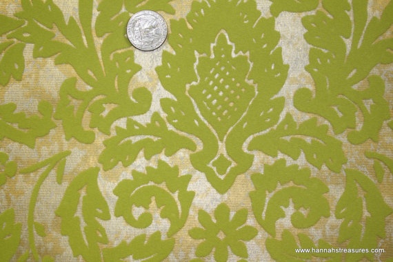 1970s Vintage Wallpaper Green Flocked Leaf By Kitschykoocollage