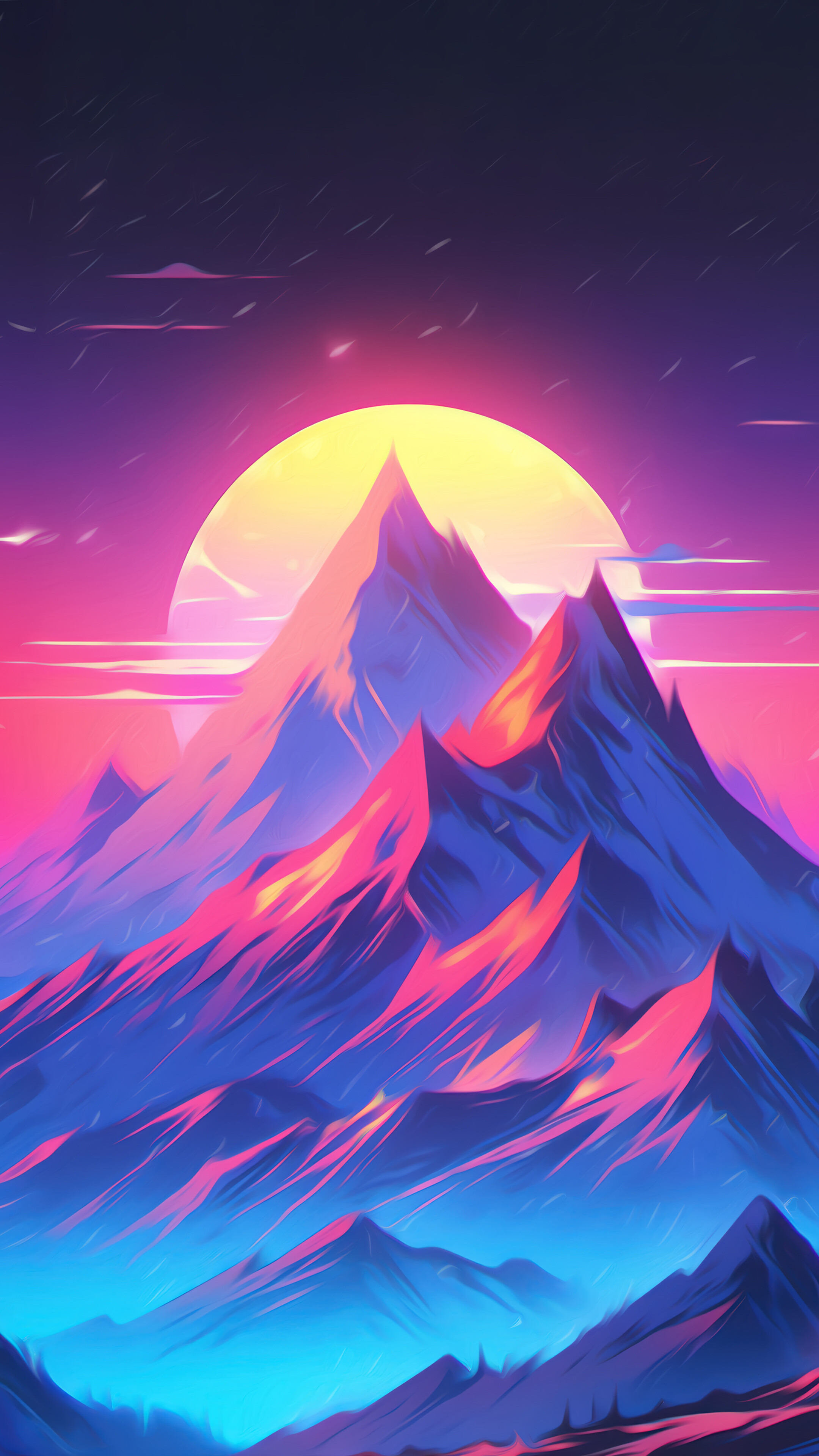 Vivid 4K wallpaper featuring a majestic mountain range at sunset, bathed in vibrant pink and blue hues under a glowing yellow sun