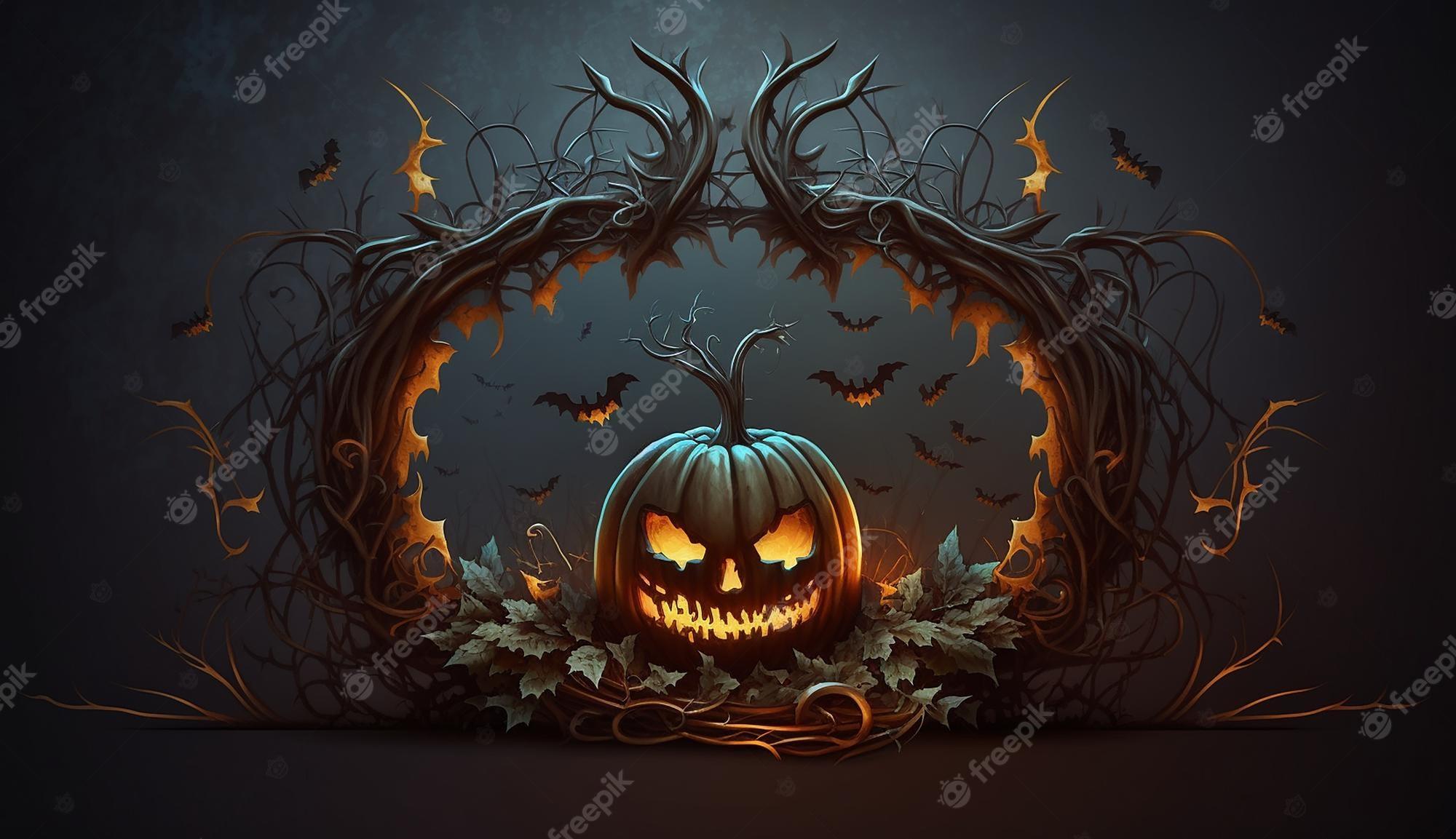 Premium Photo A Halloween Pumpkin With Bats Around It