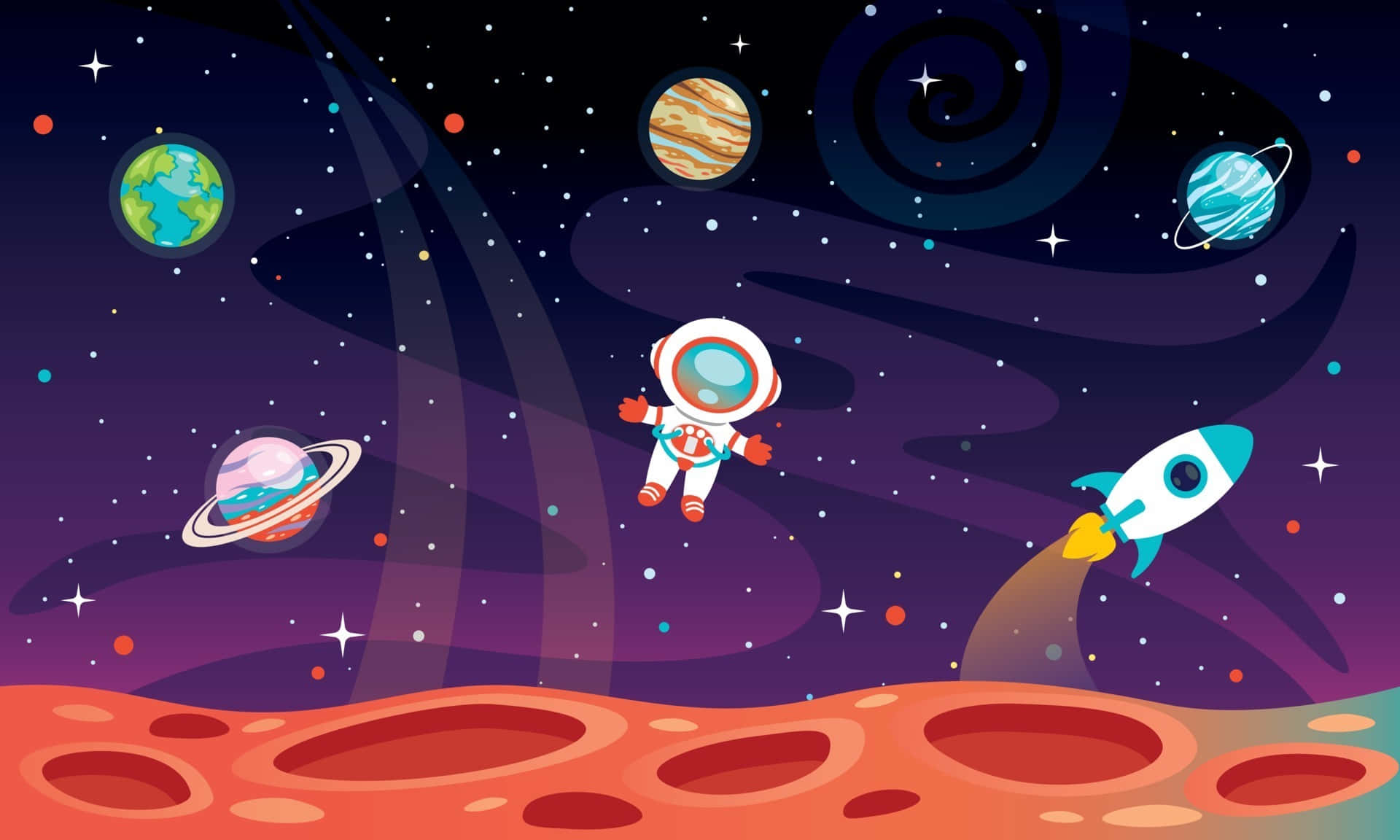 Cartoon Astronauts In Space With Planets And Stars Wallpaper