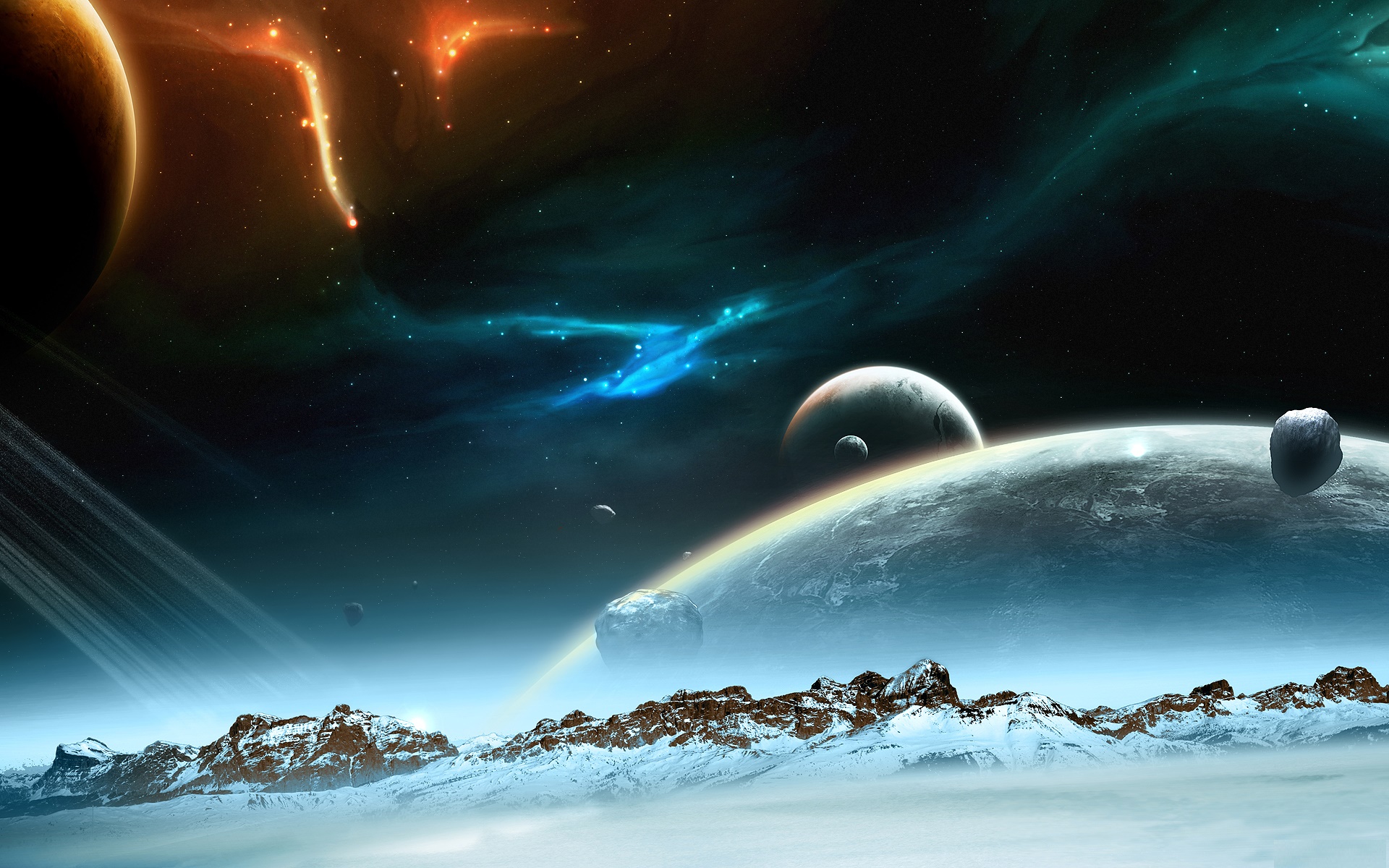 A breathtaking vista of a snow-capped mountain range on an alien planet, set against a backdrop of vibrant nebulae, distant planets, and celestial bodies