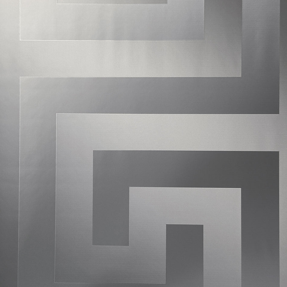 Greek Key Gray Silver Metallic Shiny Textured Wallpaper