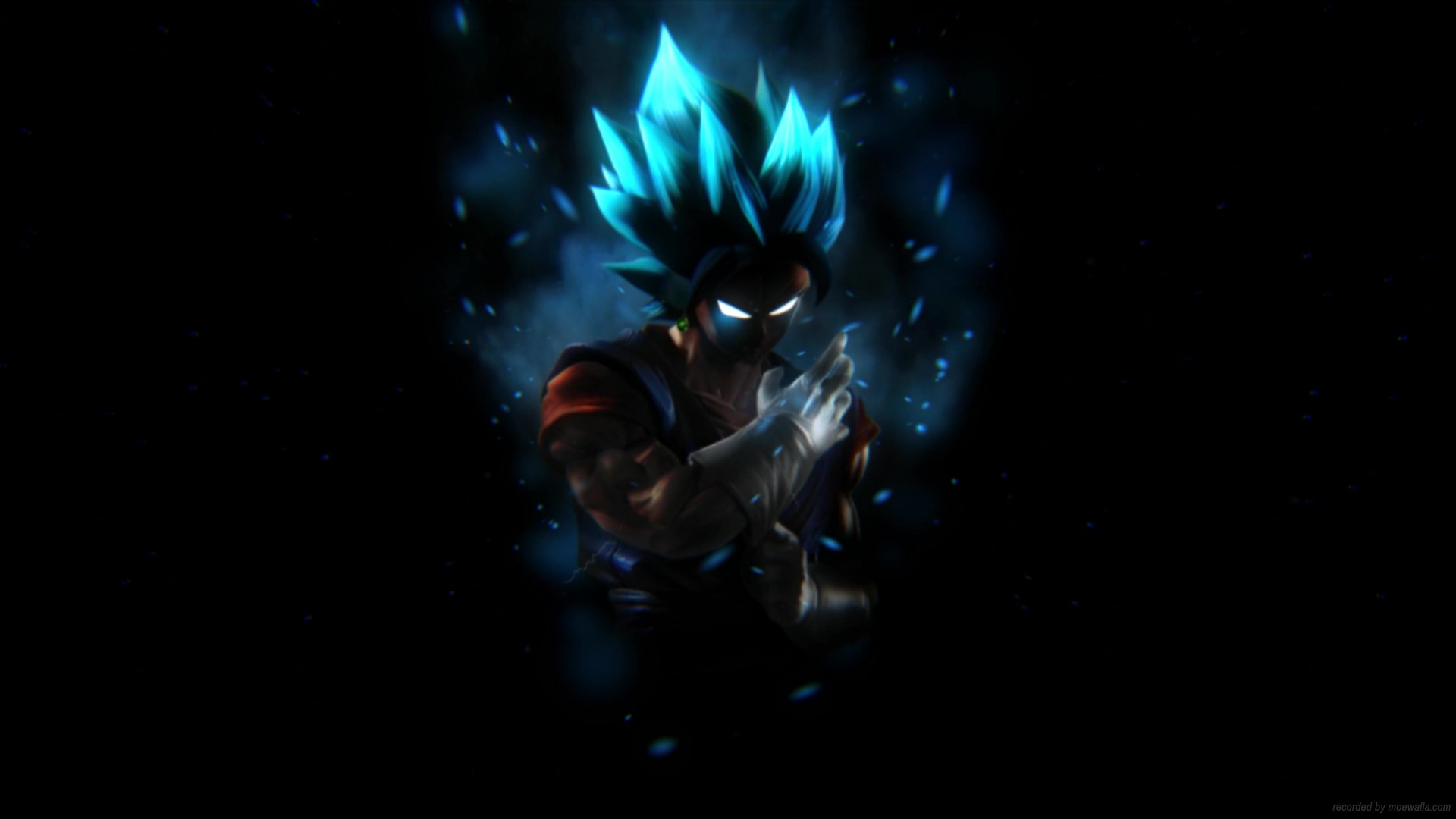 A vibrant, 4k live wallpaper featuring a powerful anime character with glowing blue hair and aura, poised in a dynamic fighting stance against a dark background