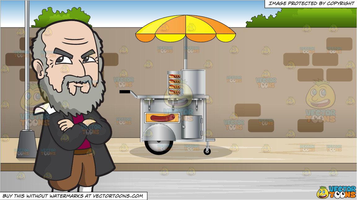 Galileo Galilei Looking Smug And Hot Dog Cart On A Sidewalk