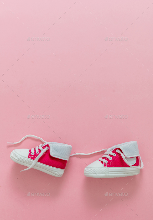 Baby Girl Shoes On Pastel Pink Color Background Copy Space Stock