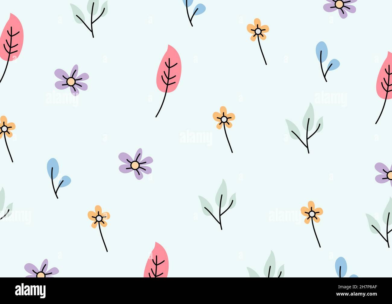 Minimal Flower And Leaf Drawing Seamless Background Spring