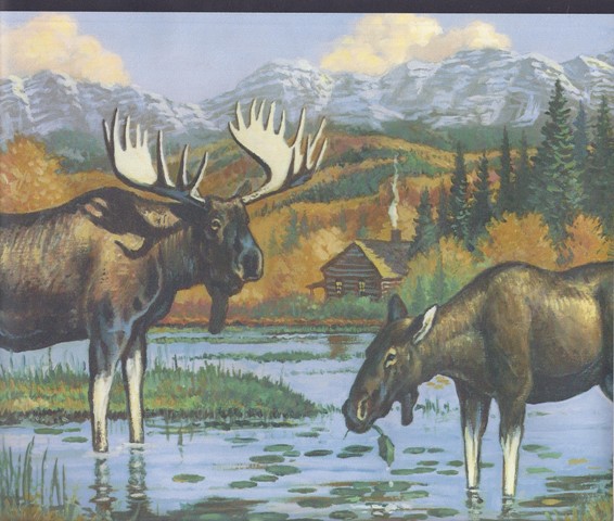 Black Mountain Lake Moose Wallpaper Border   Country Folk 566x480