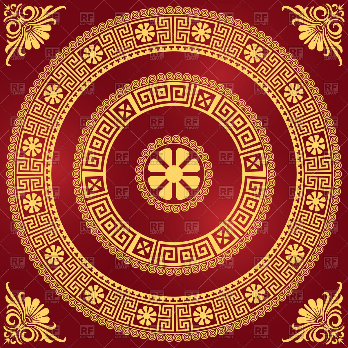 Gold Greek Ornament Meander And Floral Pattern On A Red Background