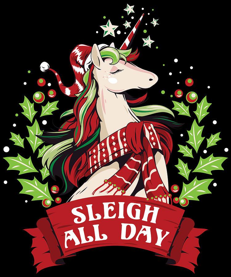 Sleigh All Day Cute Santa Unicorn Christmas Digital Art by Flippin
