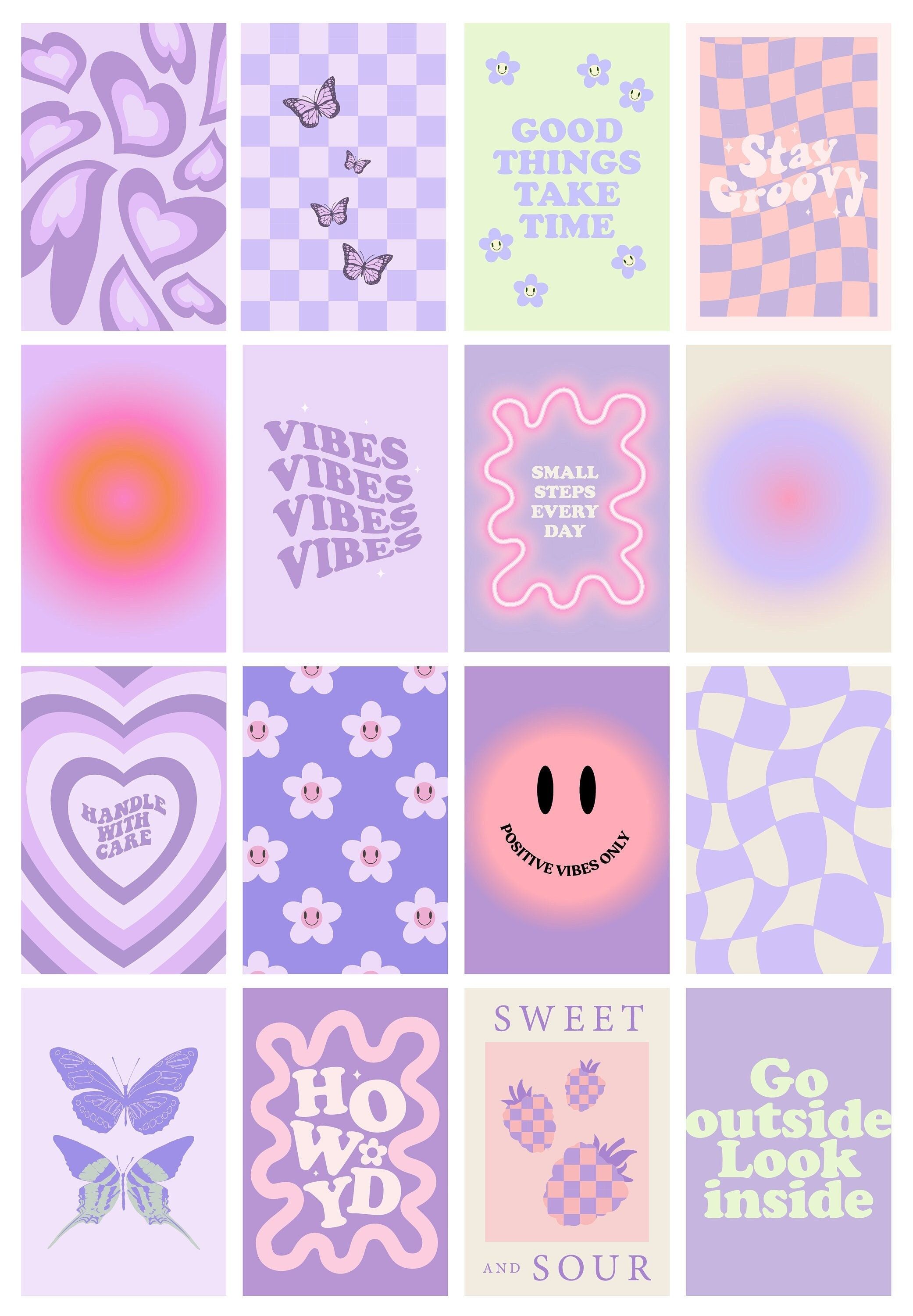 Danish Pastel Wall Collage 16pcs In Purple Pink Aesthetic Room Wallpaper
