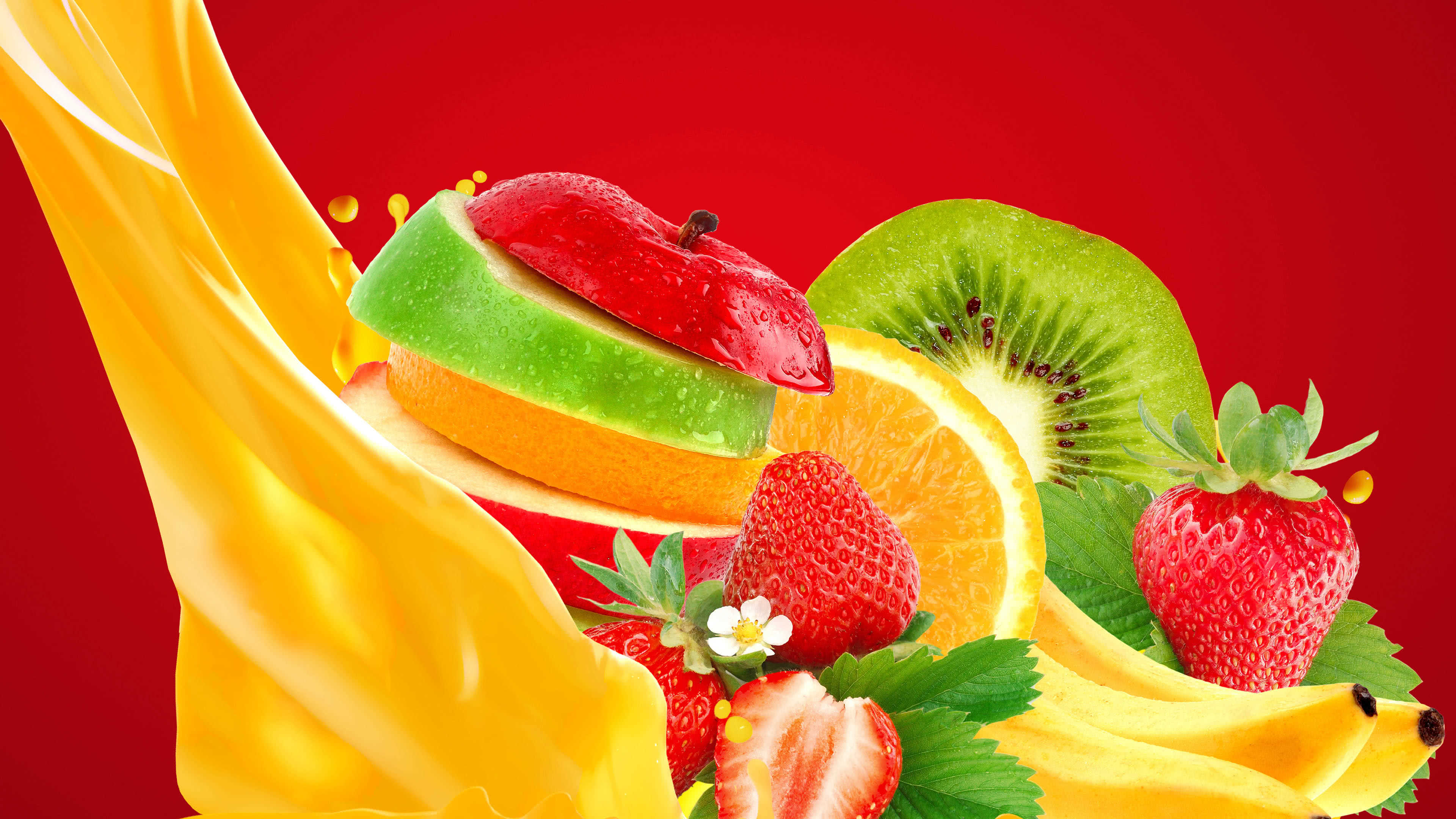 Mixed Fruits Strawberry Banana Apple Kiwi Orange UHD 4k Wallpaper