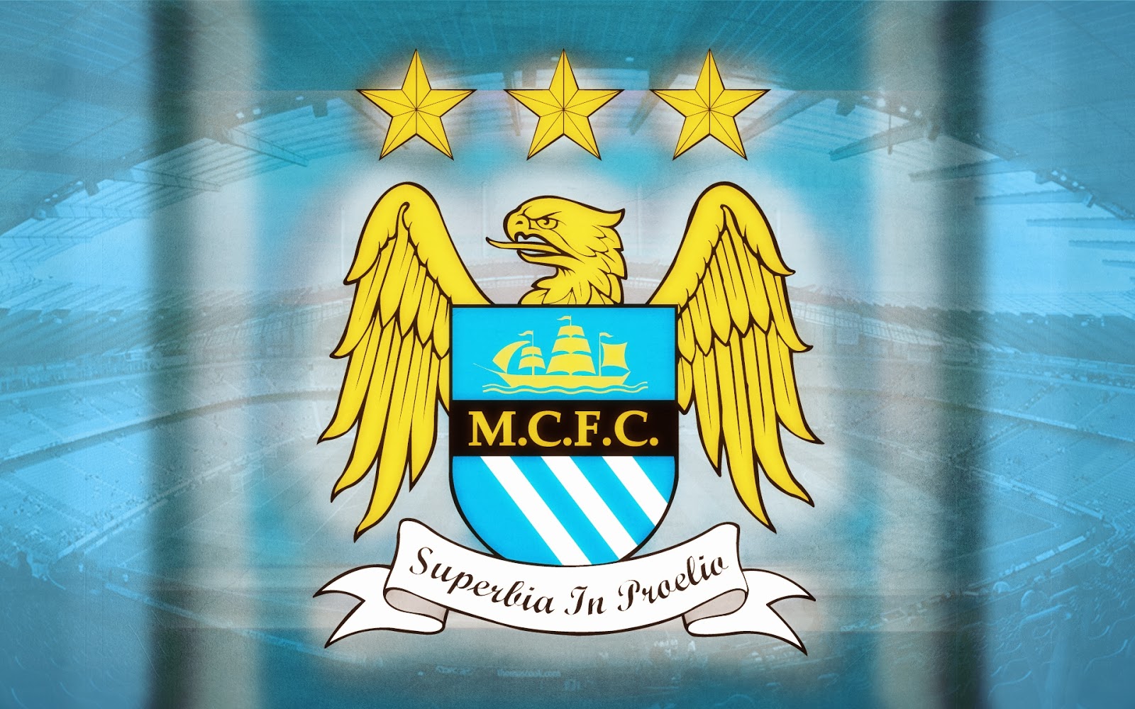 Manchester City FC logo against a blurred stadium background