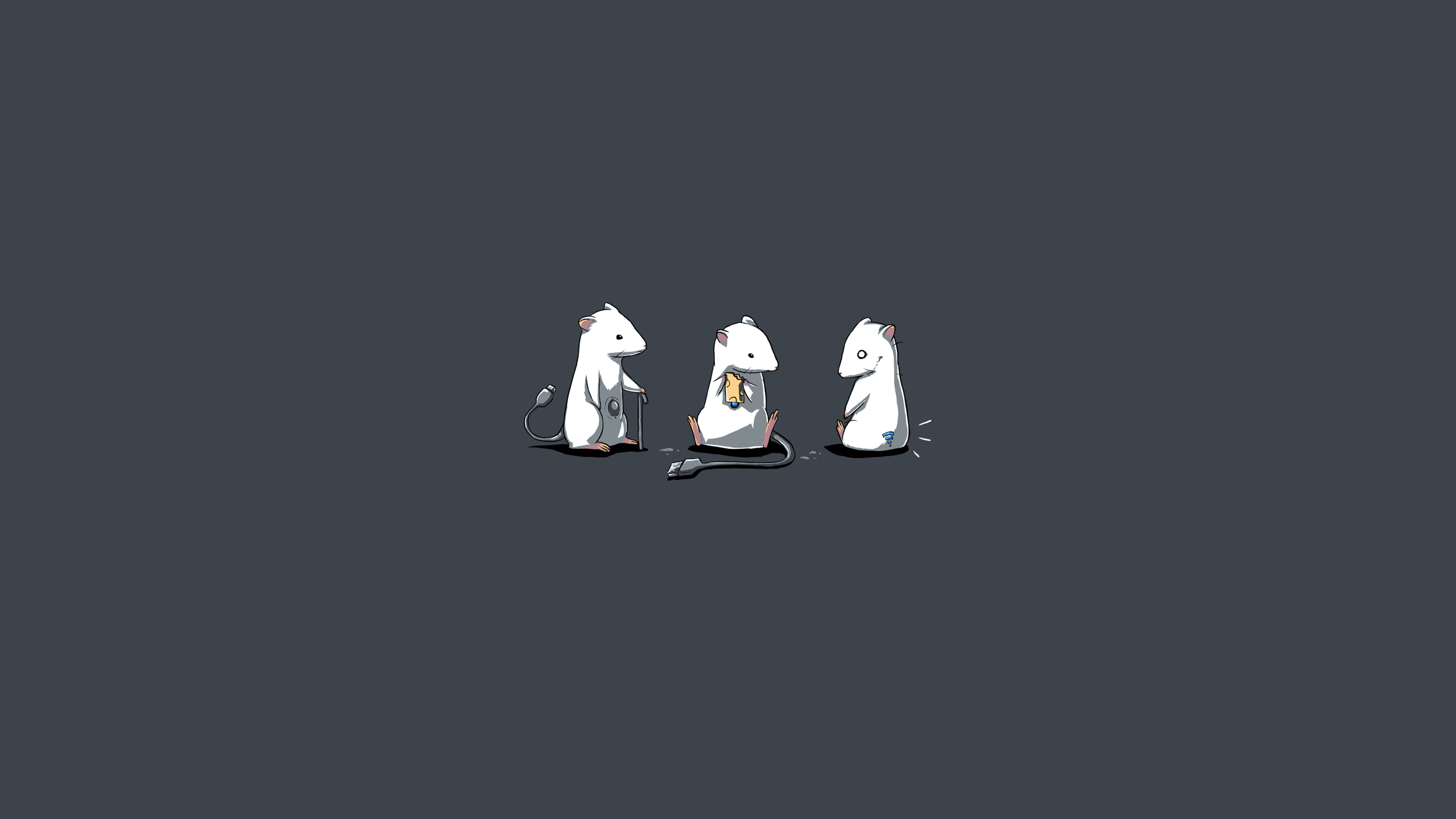 Three minimalist white mice on a dark gray background, one with a cane, one plugged into a power cord, and one with a spark of energy