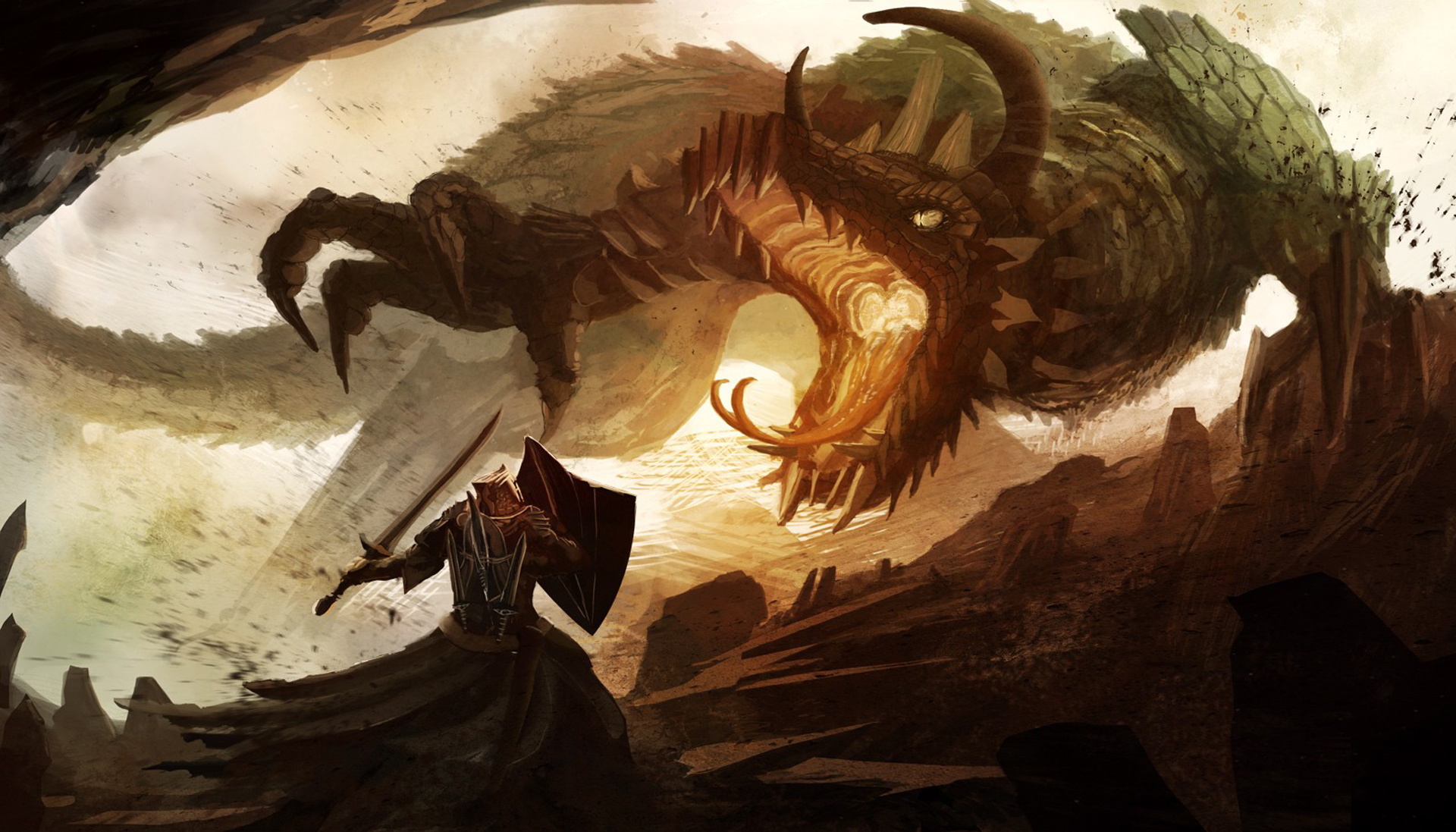 A brave knight stands defiantly against a fearsome dragon in a rocky landscape, sword and shield raised in defense