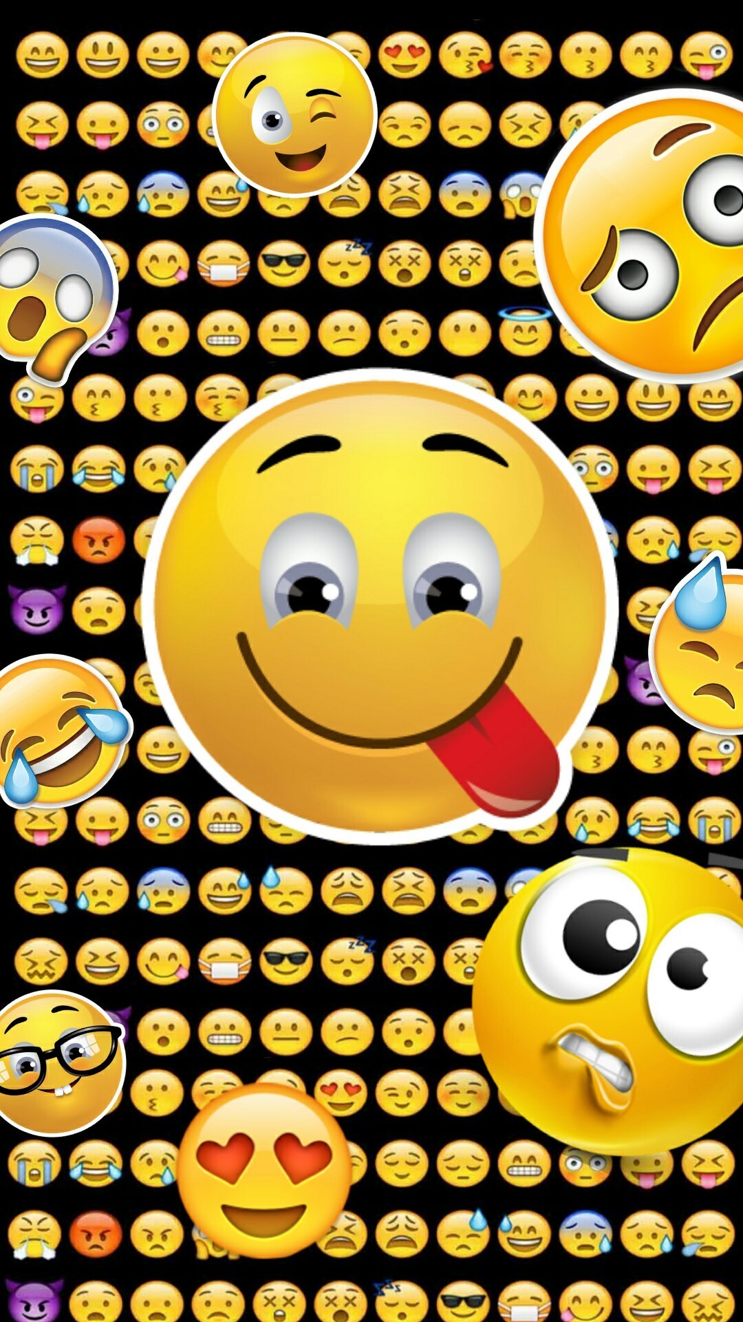 A collage of various emojis expressing different emotions, suitable for use as a vibrant and expressive emoji wallpaper