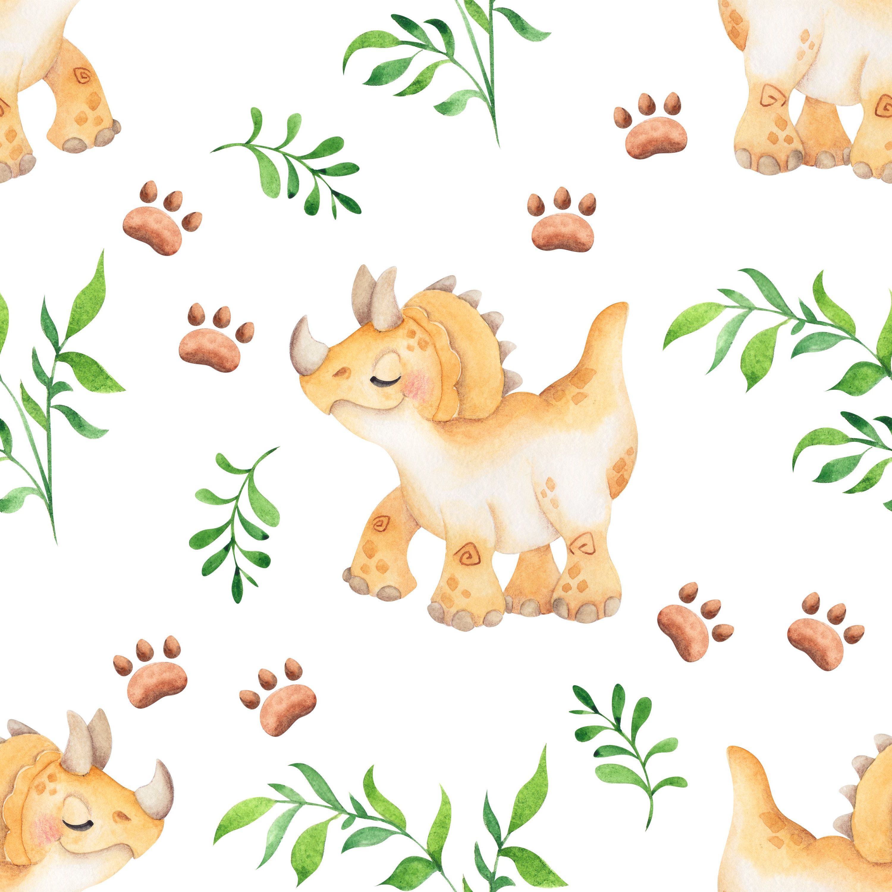 Cute Triceratops Dinosaur Seamless Pattern on White Background - Perfect for Kids Room Wallpaper