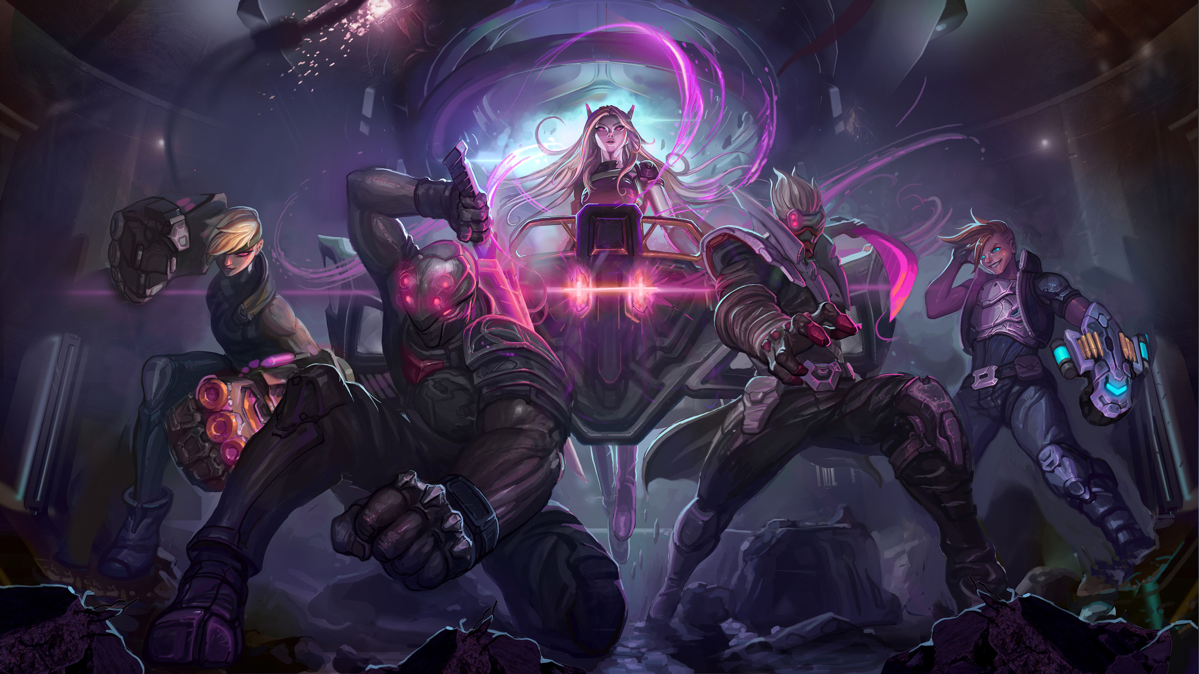 League of Legends characters in futuristic combat gear, showcasing a dynamic scene with vibrant purple hues