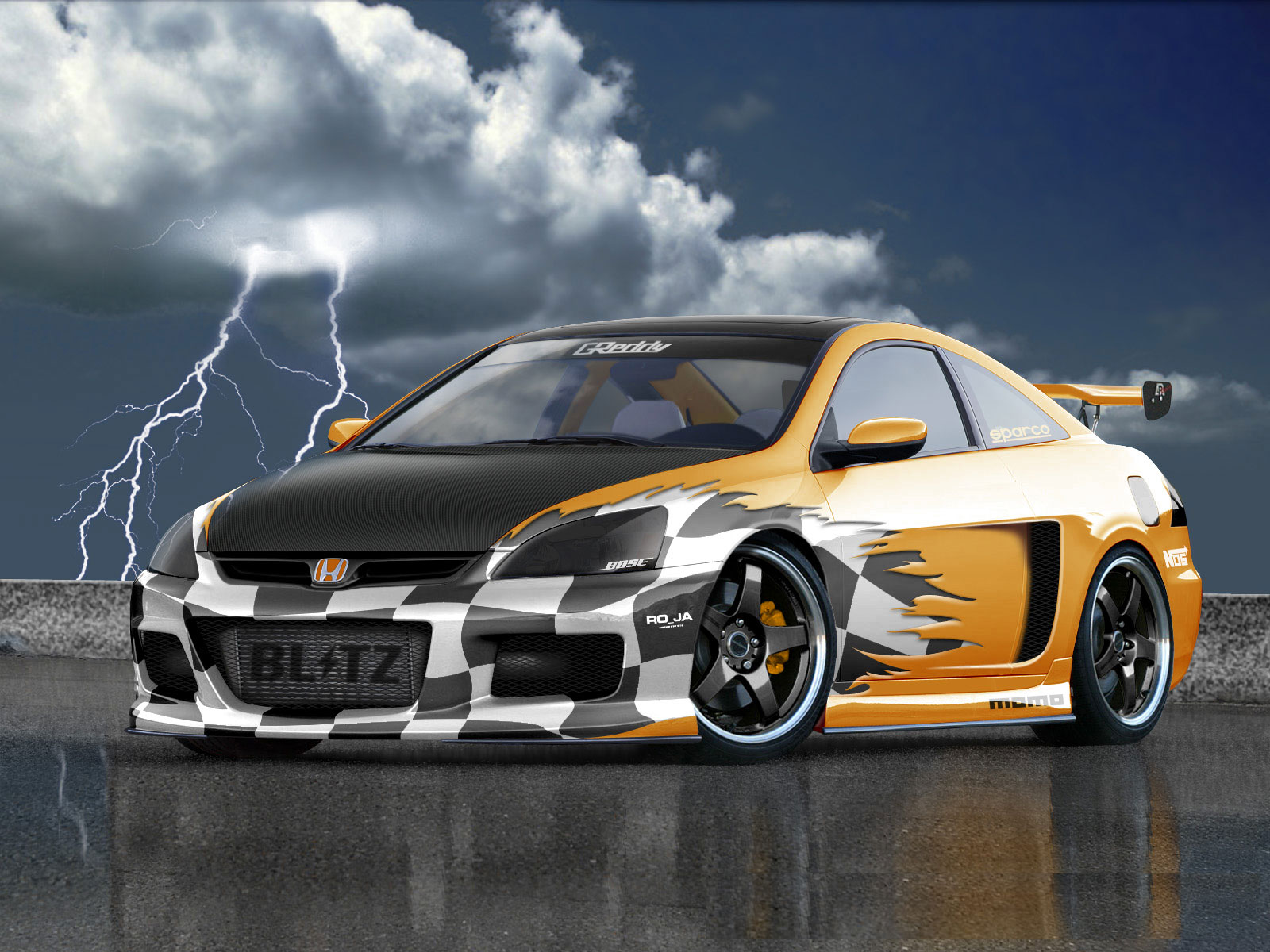 A stylishly modified Honda Accord, featuring a two-tone orange and black design with checkered accents, parked on a wet surface under a dramatic lightning storm