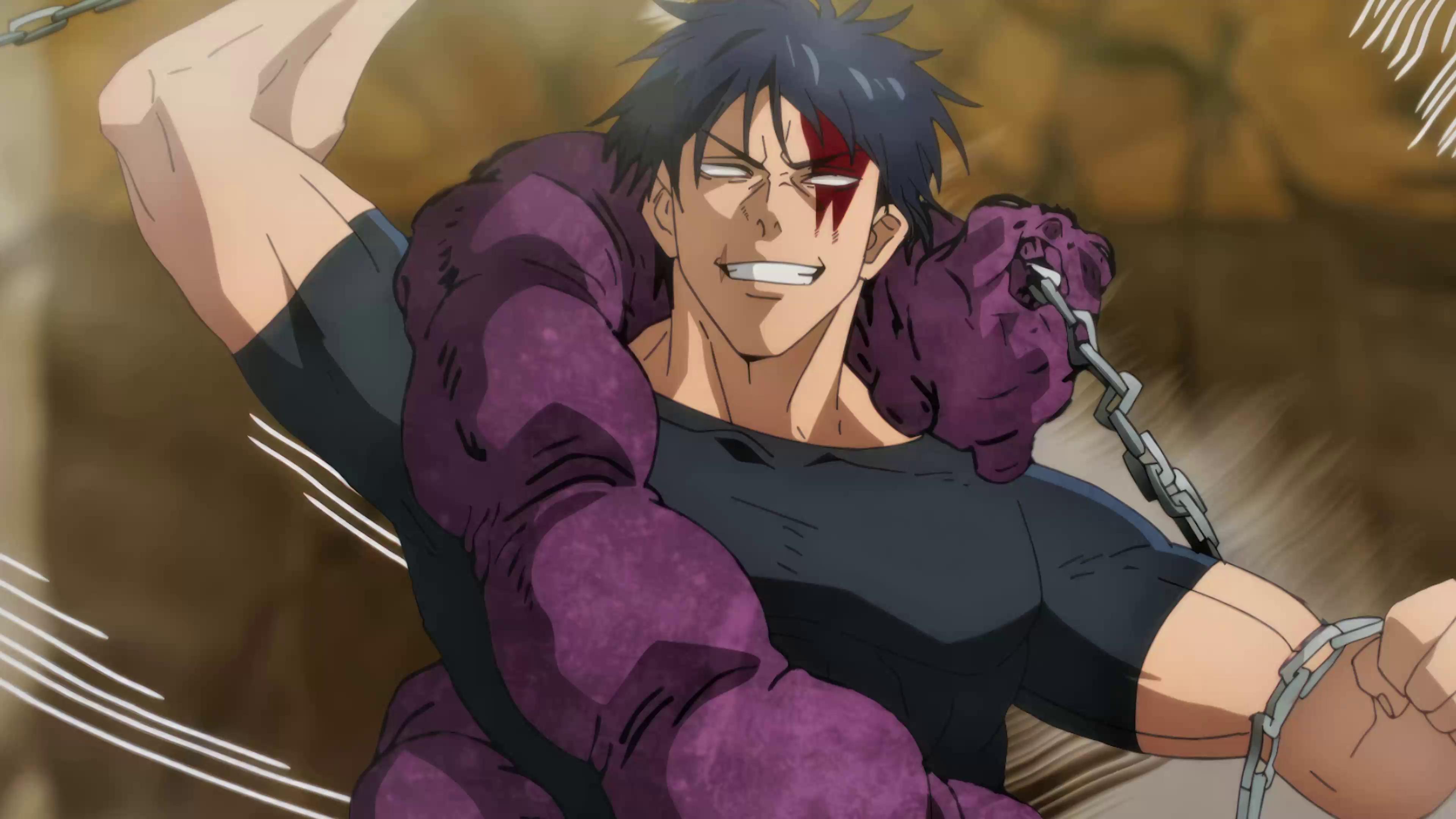 Toji Fushiguro from Jujutsu Kaisen in 4k, showcasing his intense expression and muscular physique as he wields a chain