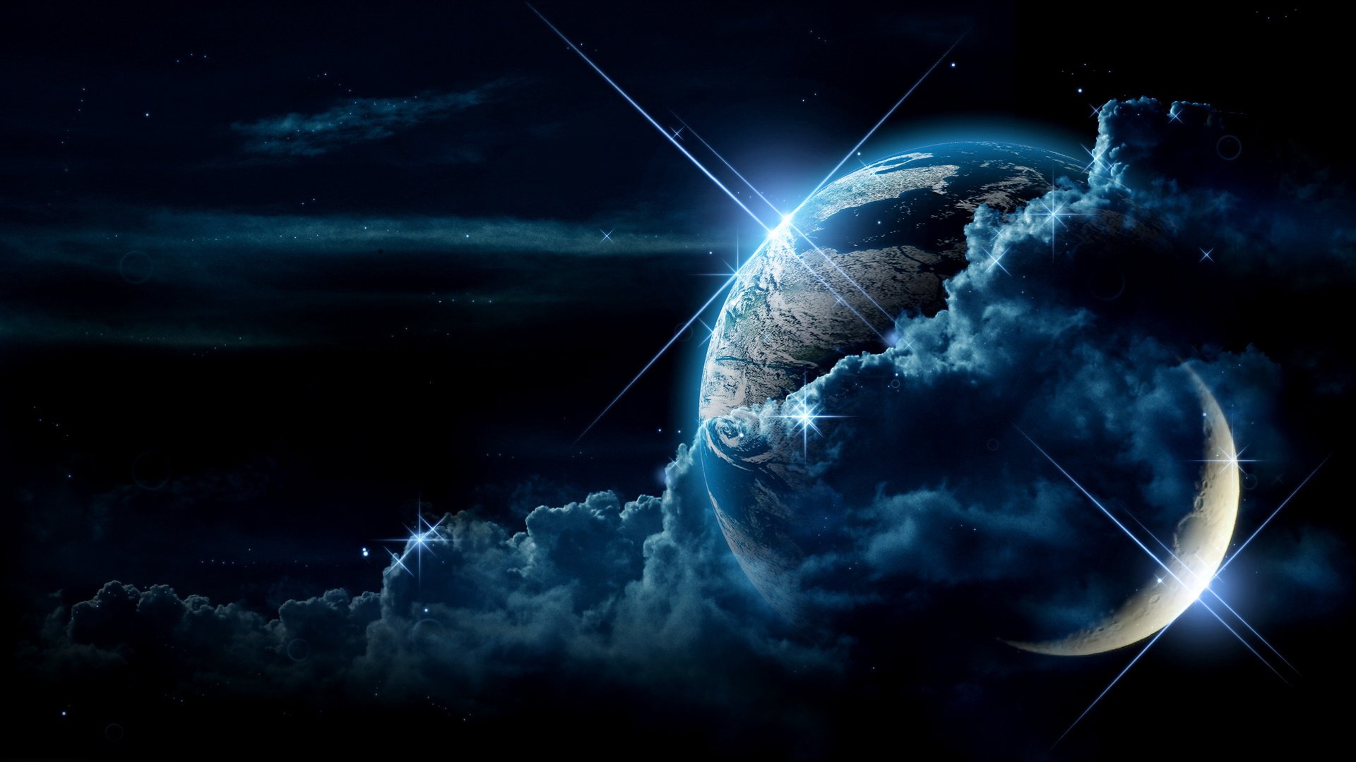 A breathtaking view of Earth from space at night, partially shrouded in ethereal blue clouds, with a crescent moon radiating a soft glow and distant stars twinkling in the dark expanse