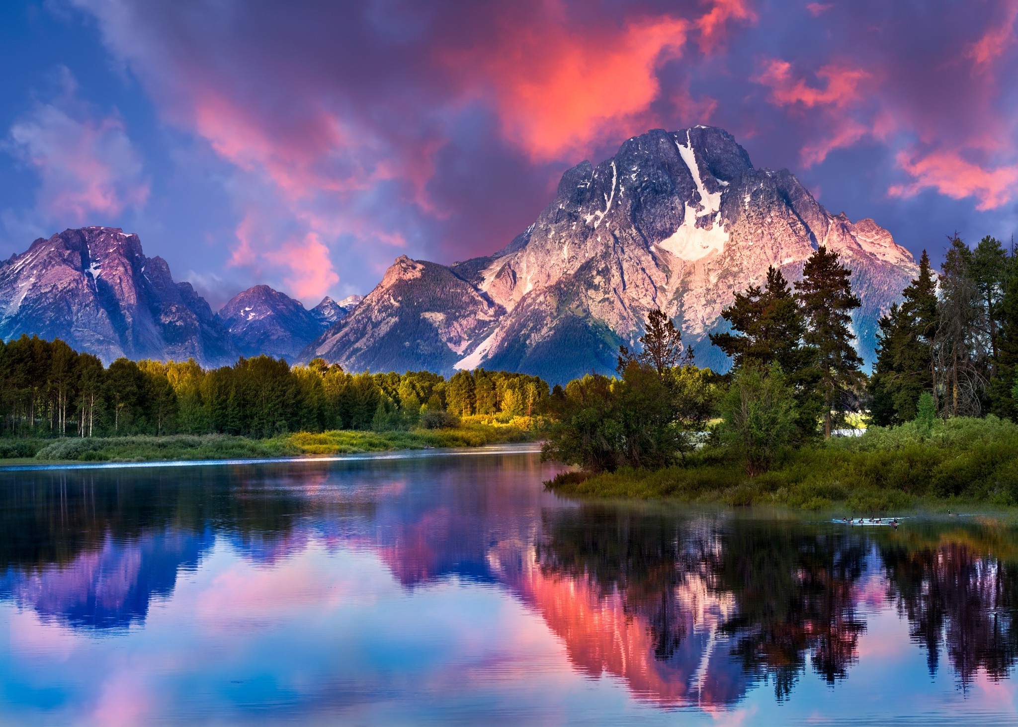 Nature Landscape Mountain River Forest Grass Sunrise Snowy Peak Wallpaper
