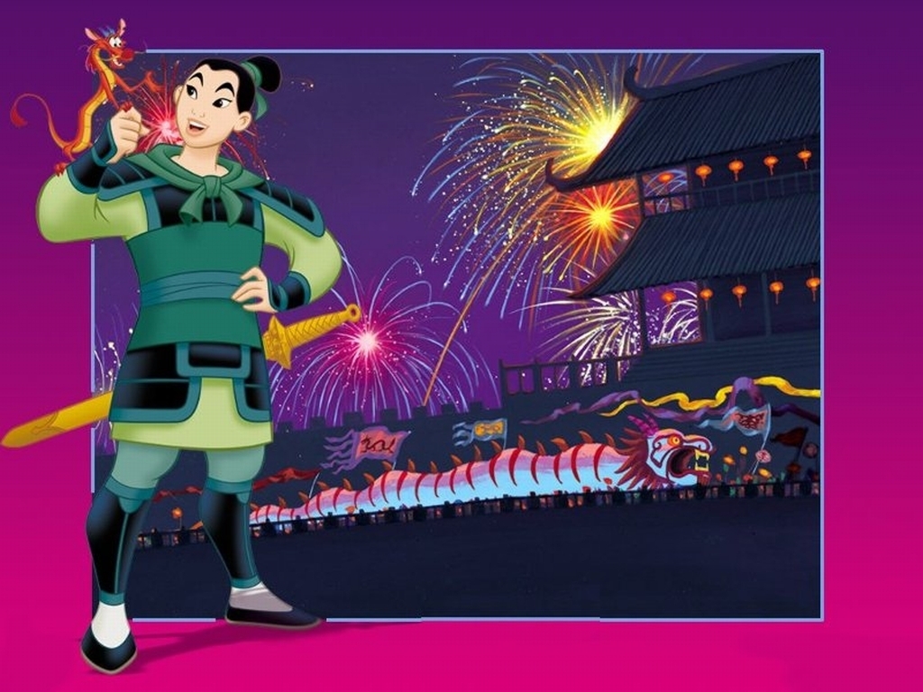 Mulan in Traditional Chinese attire with Mushu, overlooking a festive celebration with fireworks and a dragon dance in ancient China