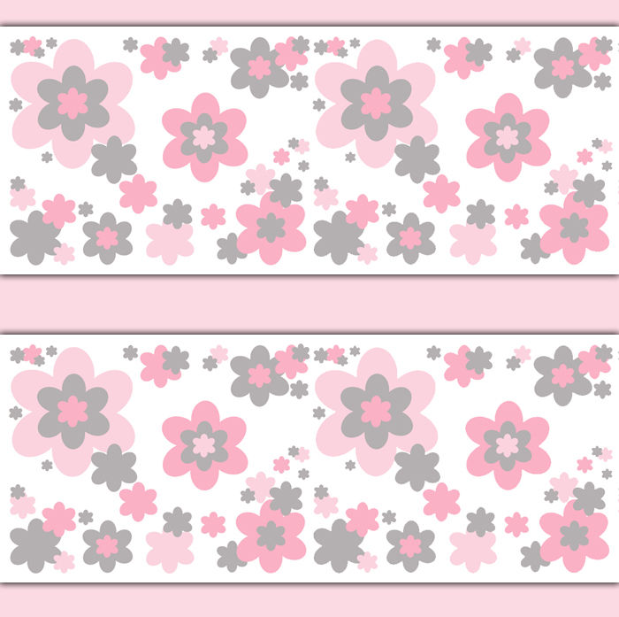 Pink Grey Floral Wallpaper Border Wall Decals Baby Girl Nursery Flower