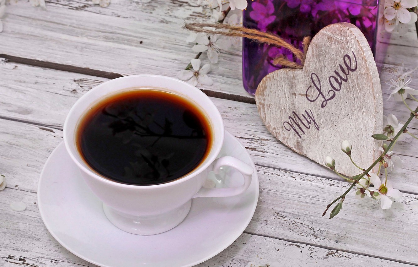 Wallpaper Love Heart Flowers Cup Spring Coffee Image For
