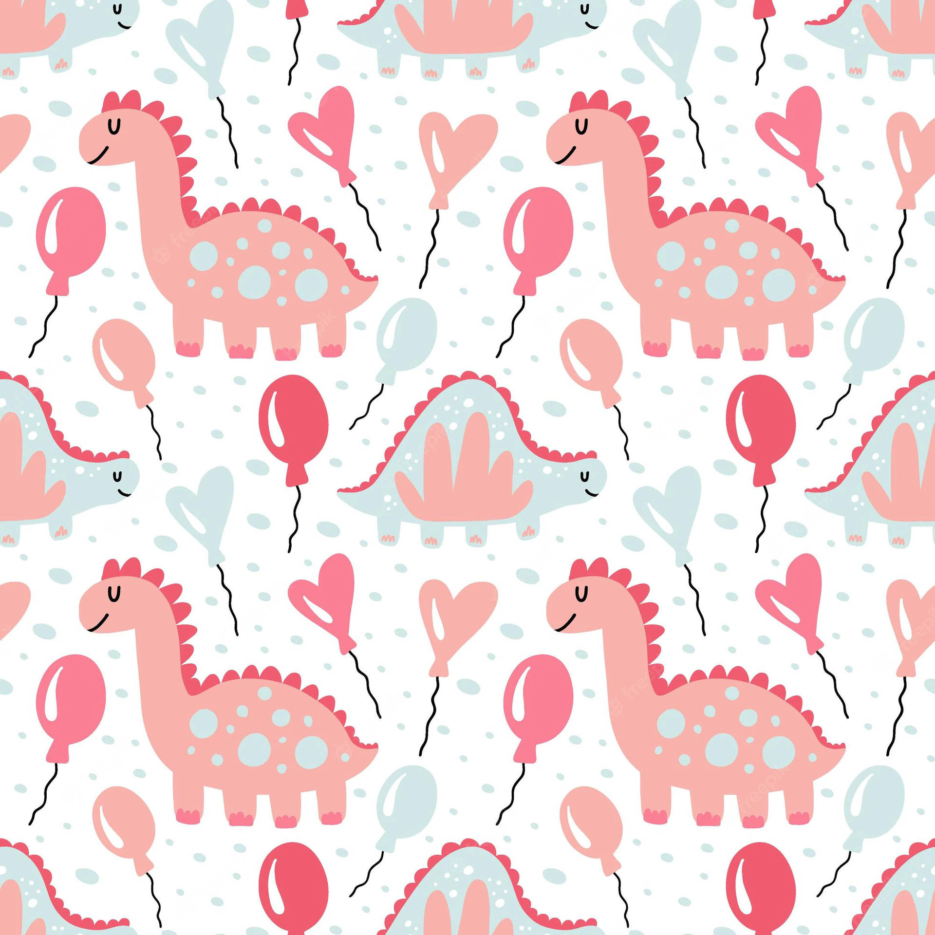 Cute pink dinosaur seamless pattern background with balloons. Adorable cartoon dino characters perfect for nursery wallpaper, fabric, or kids' room decor