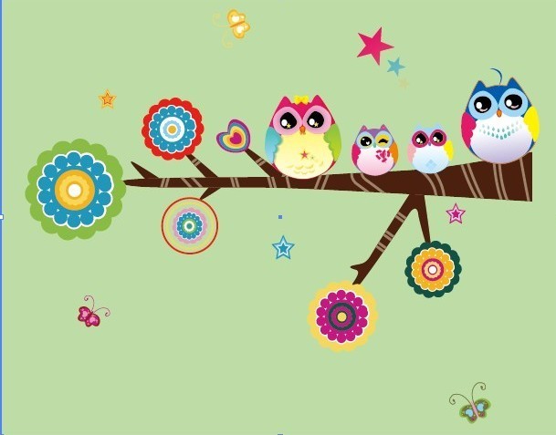 Cartoon Wall Sticker Nursery Art For Kids Colorful Owl Family