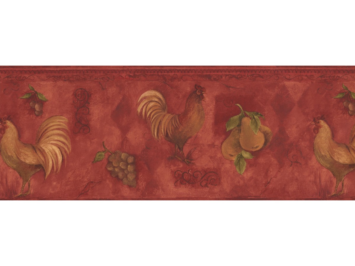 Yellow Rooster Fruits Vintage Wallpaper Border