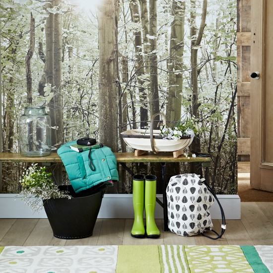 Country Hallway With Woodland Theme Wallpaper And Bench