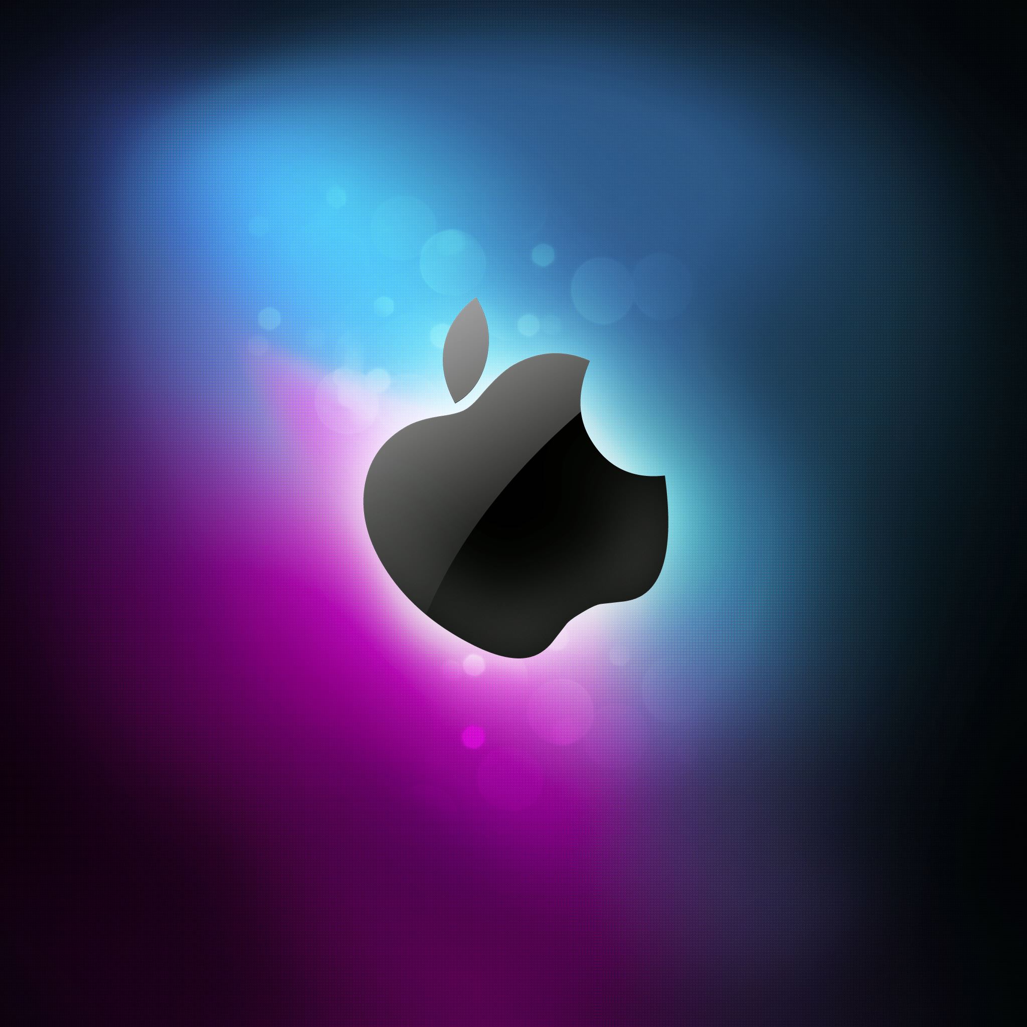 A sleek, dark Apple logo on a vibrant, abstract background with shades of blue, purple, and pink