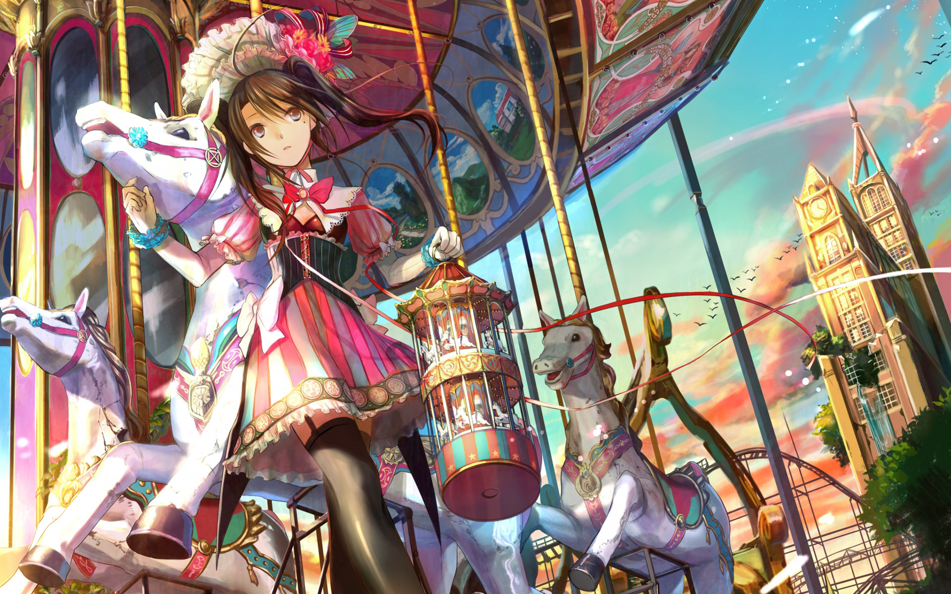 A cute anime girl enjoys a carousel ride against a backdrop of a clock tower and a vibrant sunset sky