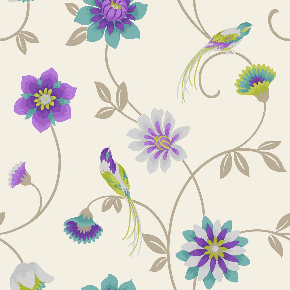 Fine Decor Eden Bird Designer Feature Wallpaper Cream Purple Teal