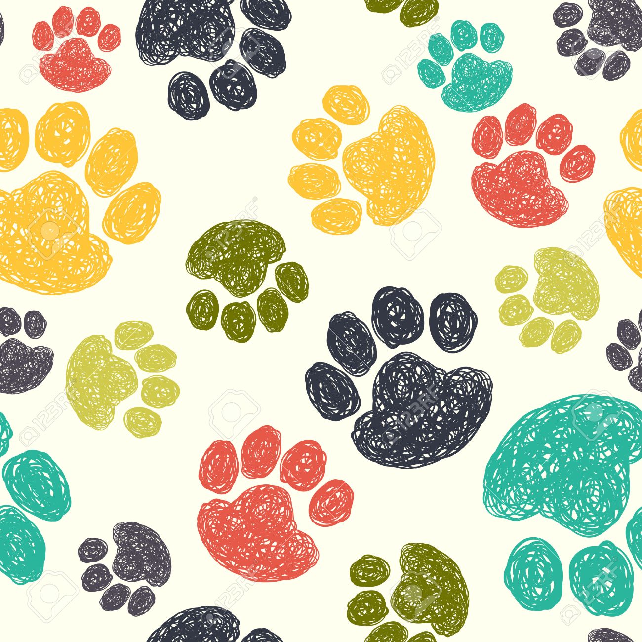 Cute Seamless Pattern With Colorful Hand Drawn Doodle Paw Prints