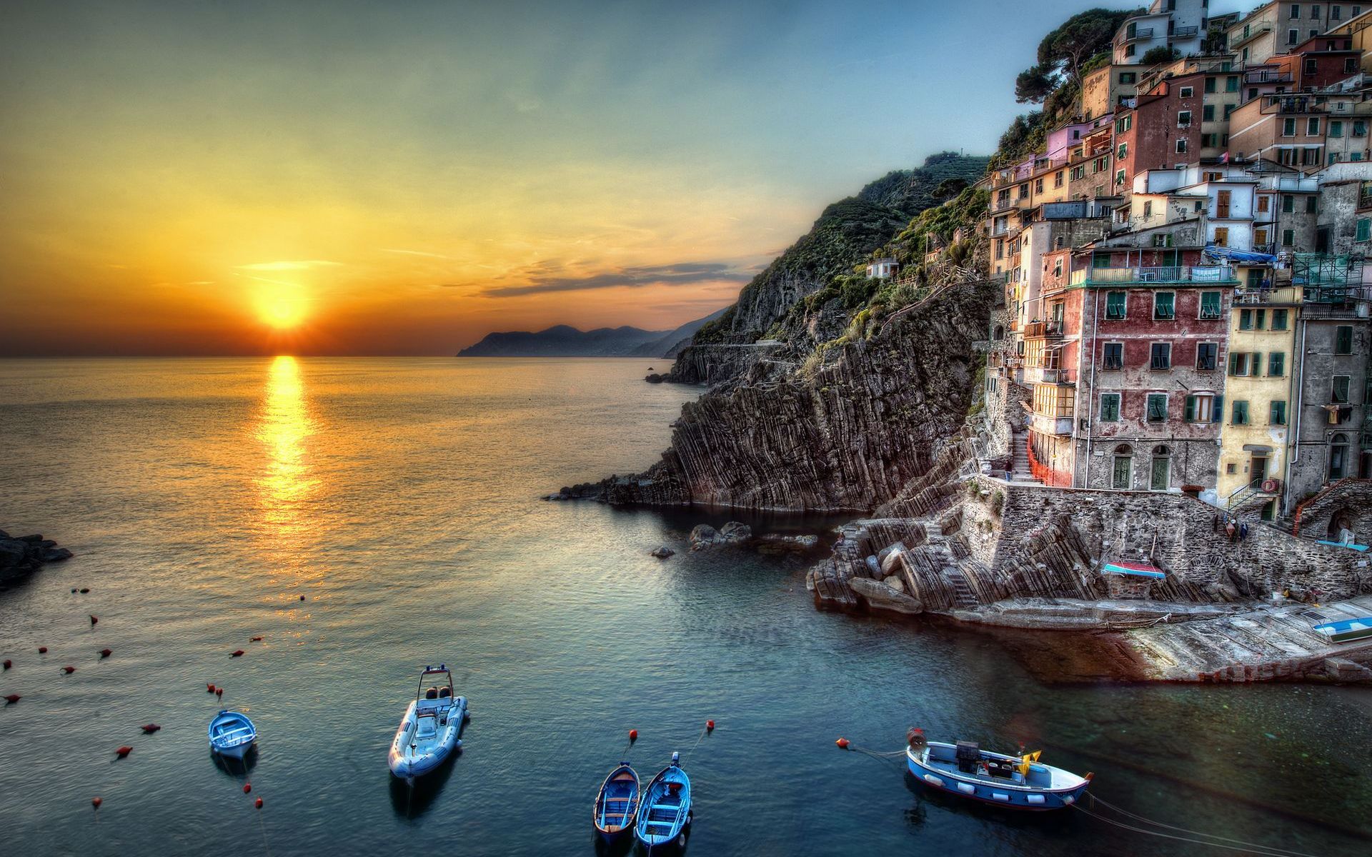 Wallpaper Italy Sea Rock House Sunset Sun Boats HD Desktop