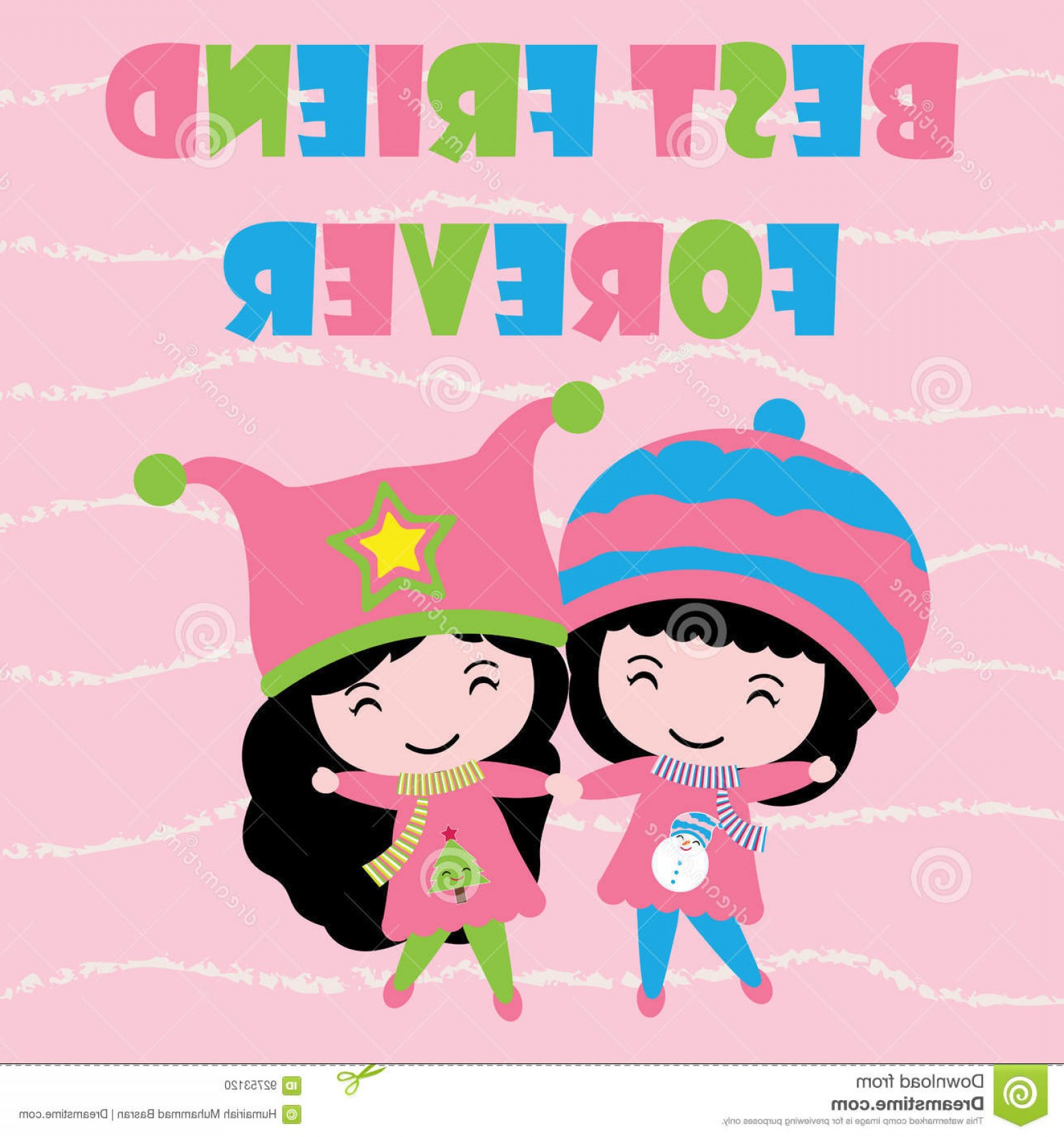 Stock Illustration Two Cute Girls Pink Striped Background Cartoon