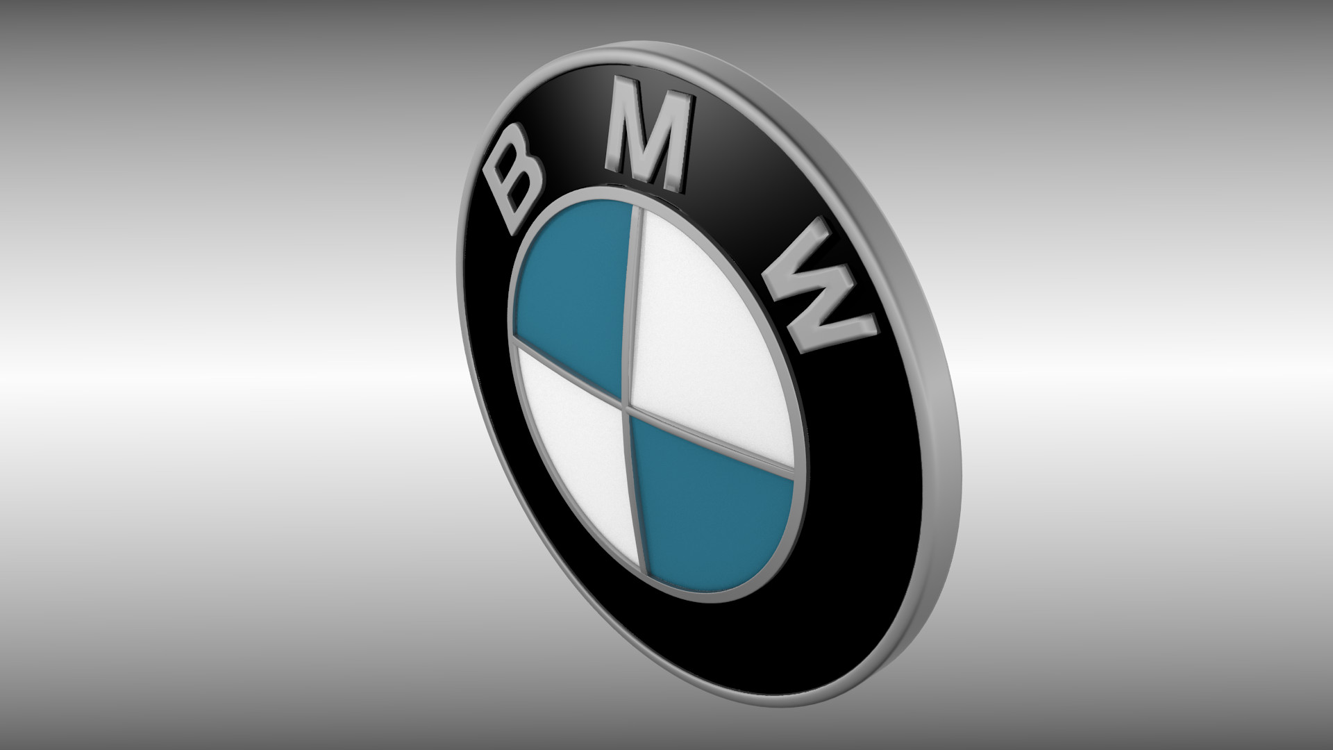 A close-up, three-dimensional render of the iconic BMW logo, featuring the circular emblem with its signature blue and white quadrants, set against a sleek silver background