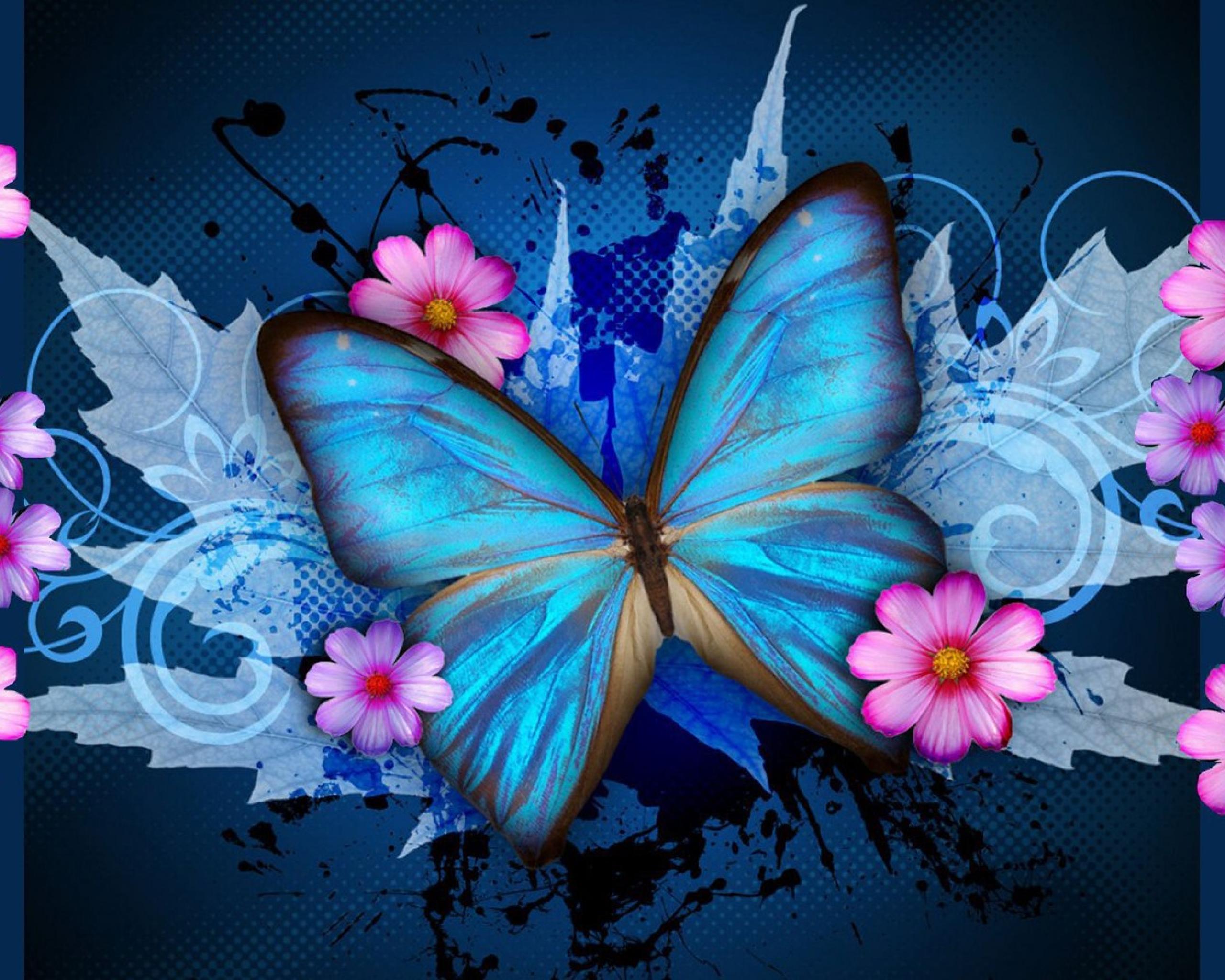 Pink And Blue Dinosaurs Butterfly Flower Leaves Hi